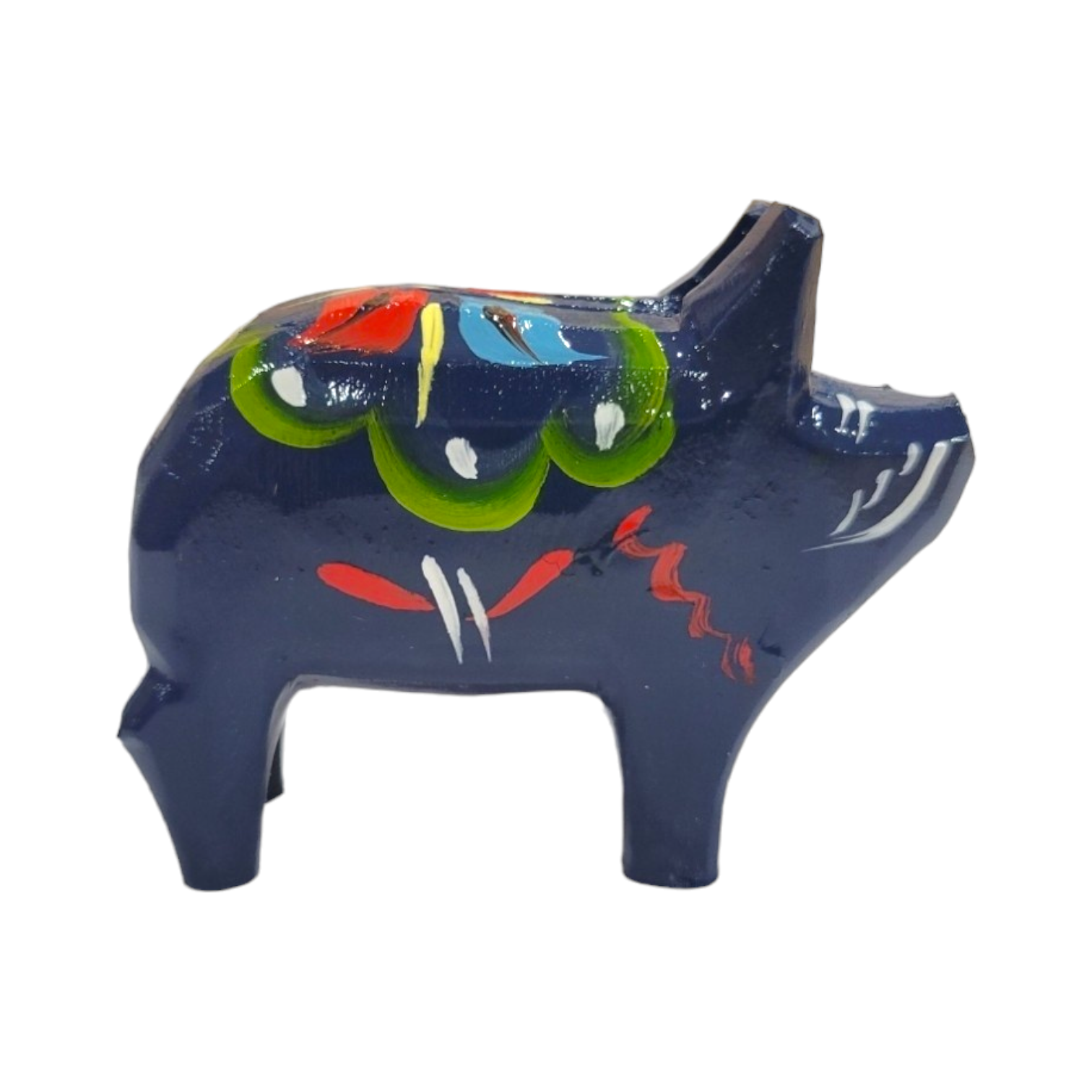 Introducing the Dala Pig: Blue, a petite ceramic figurine in blue adorned with vibrant kurbits floral patterns on its back and sides, capturing the essence of Swedish handcraft.