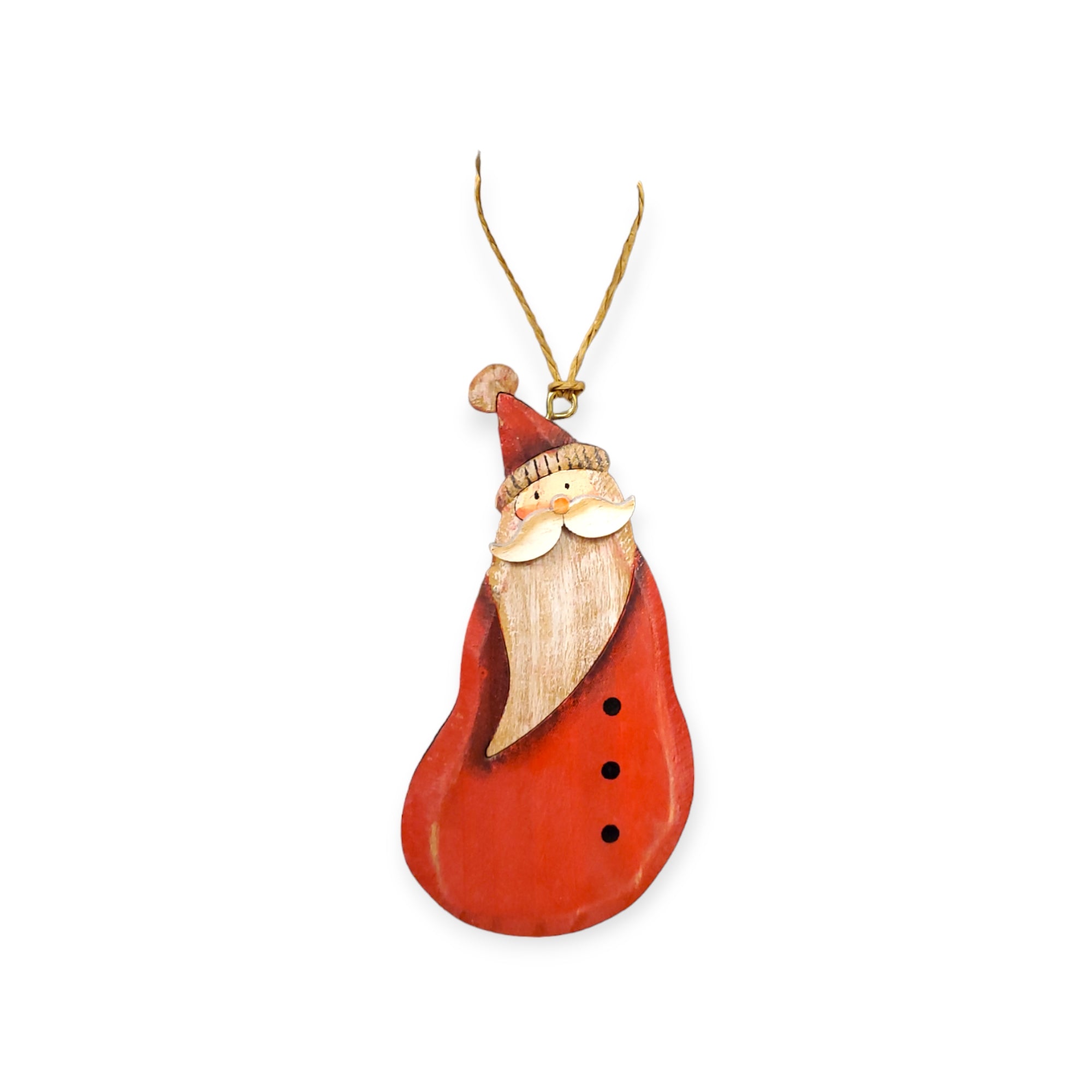 Introducing "Ornament: Country Santa," a delightful wooden Santa Claus decoration featuring a 3-dimensional nose and an elegantly long beard, topped with a festive red hat. Ideal for your Christmas tree, it dangles gracefully from a brown string against a pristine white background.