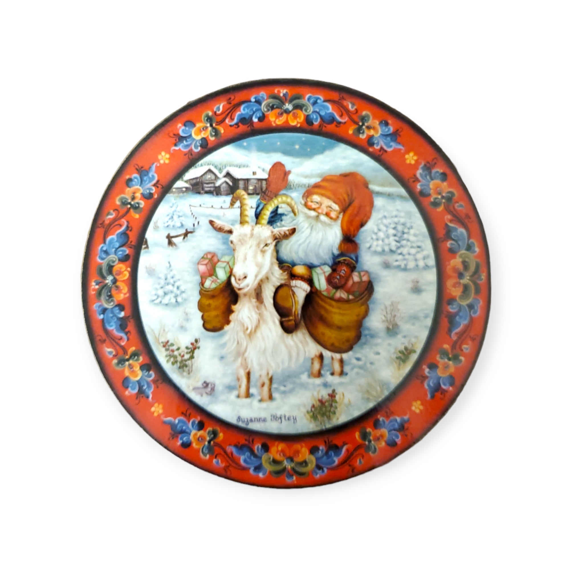 Coaster set featuring a charming design of Santa Claus, or Tomte, riding the Christmas Goat and carrying gifts through a snowy village backdrop, all enclosed within a floral border. This pack of six Glassbrikker coasters is perfect for capturing the Julestemning of the season.