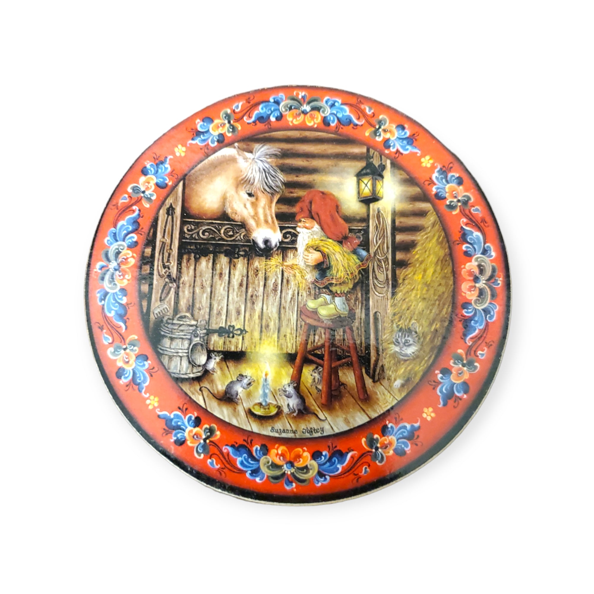 Decorative coaster set showcasing a heartwarming scene of a child feeding a horse in a stable, accented with floral patterns and lantern illumination, bringing the essence of Julestemning into your home.