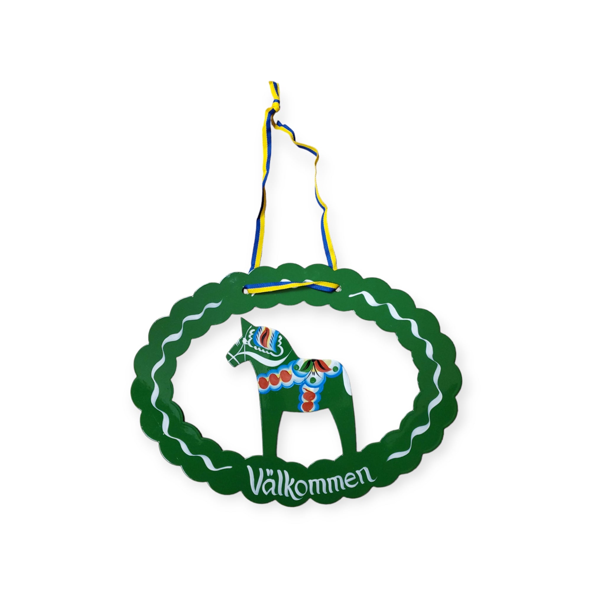 Sign Välkommen Green Metal Dala Horse Swedish Gift Store