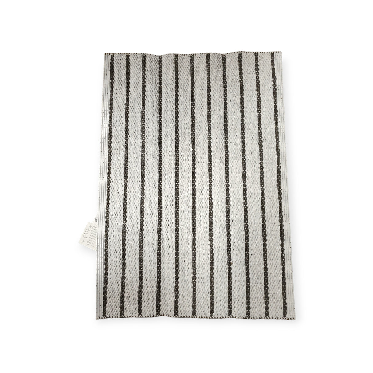A vertically striped dark gray vinyl textile rug, Horredsmattan Music, features a woven design.