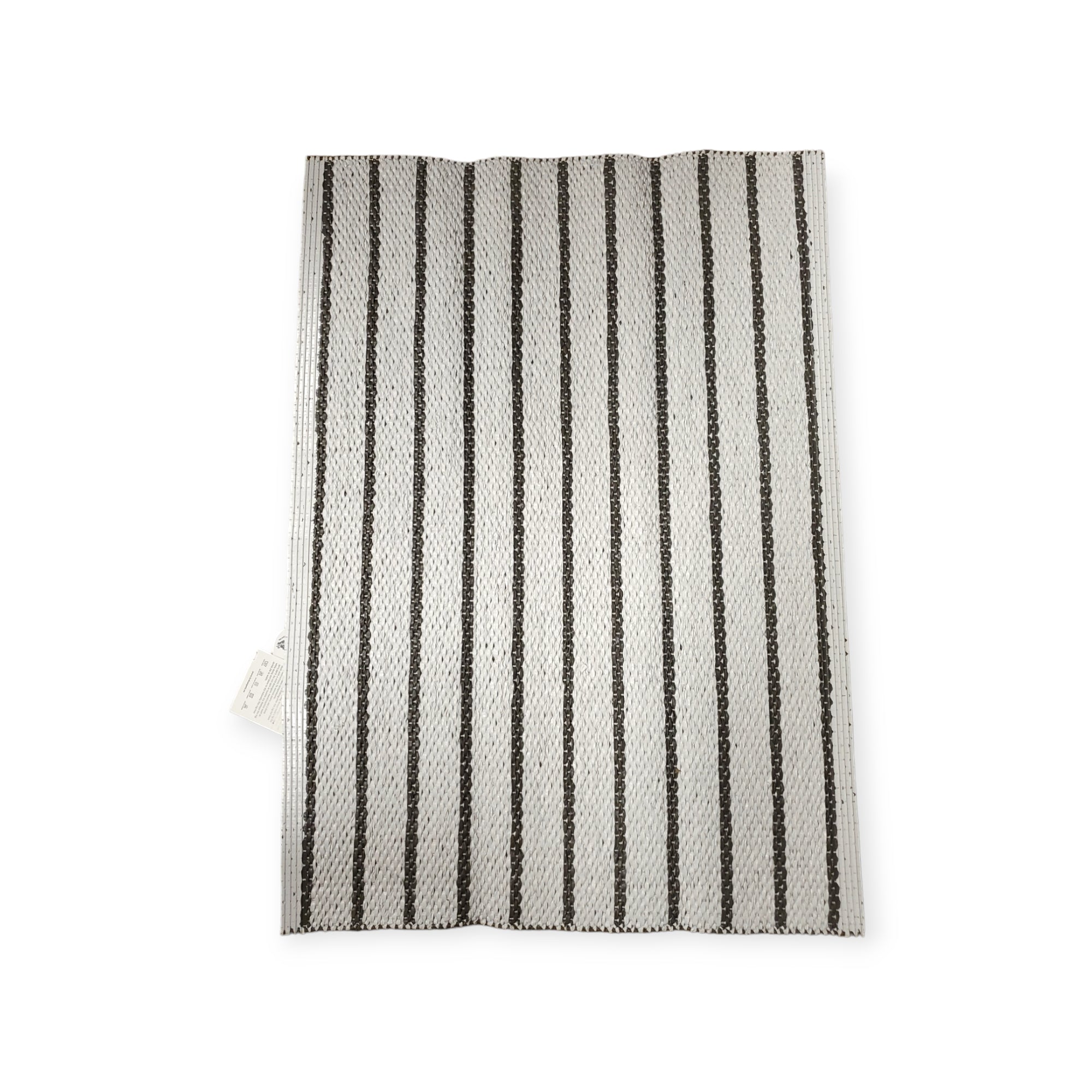 A vertically striped dark gray vinyl textile rug, Horredsmattan Music, features a woven design.