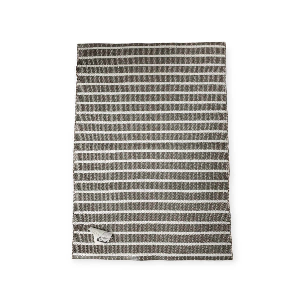 A tea towel with gray and white stripes, reminiscent of the detailed patterns in the Vinyl Rug: Horredsmattan - Music - Dark Gray, features a small tag in the bottom corner and is laid flat against a white background.