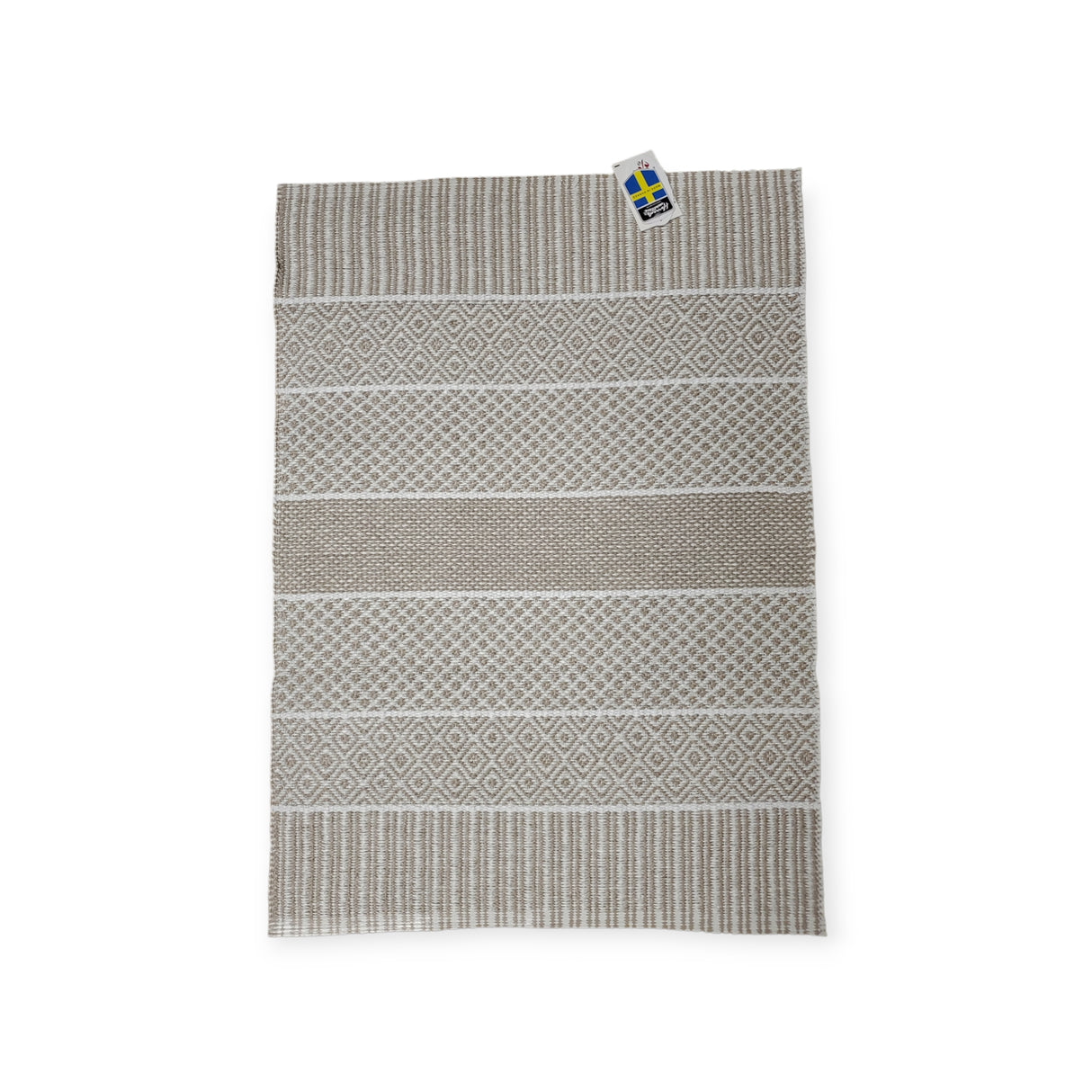 The Alfie vinyl rug by Horredsmattan in sand features a geometric pattern, beige and gray tones, an eco-friendly PVC blend, and a Swedish flag tag.