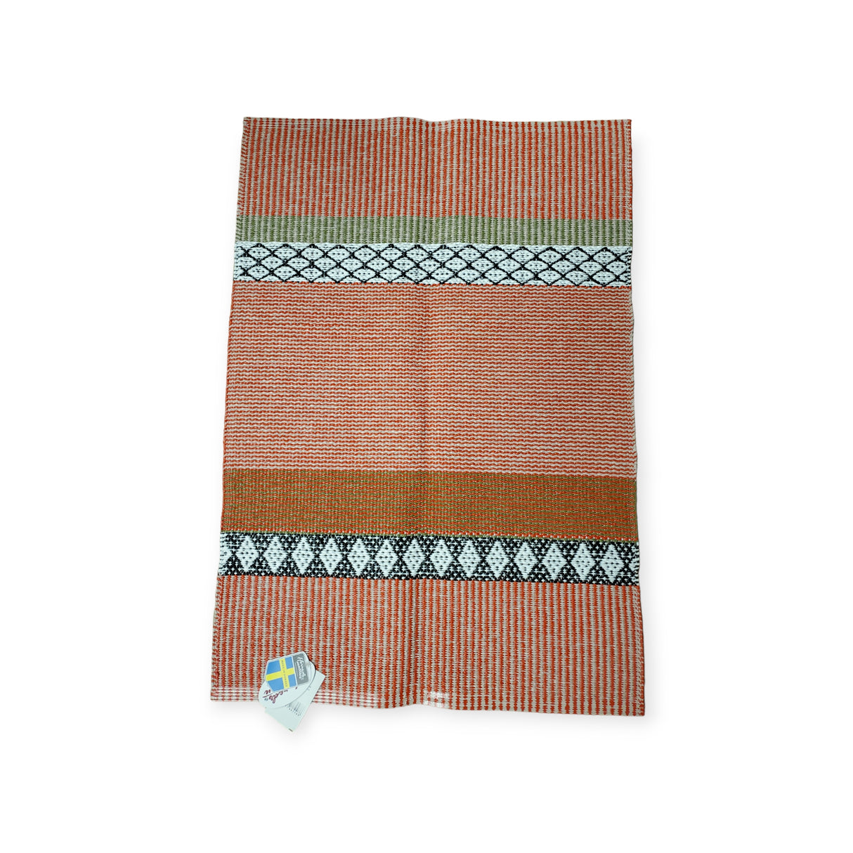 The Horredsmattan Savanne vinyl rug features reddish orange, beige, white, black, and green geometric stripes in a rectangular woven design, shown flat with a tag at the bottom left corner.