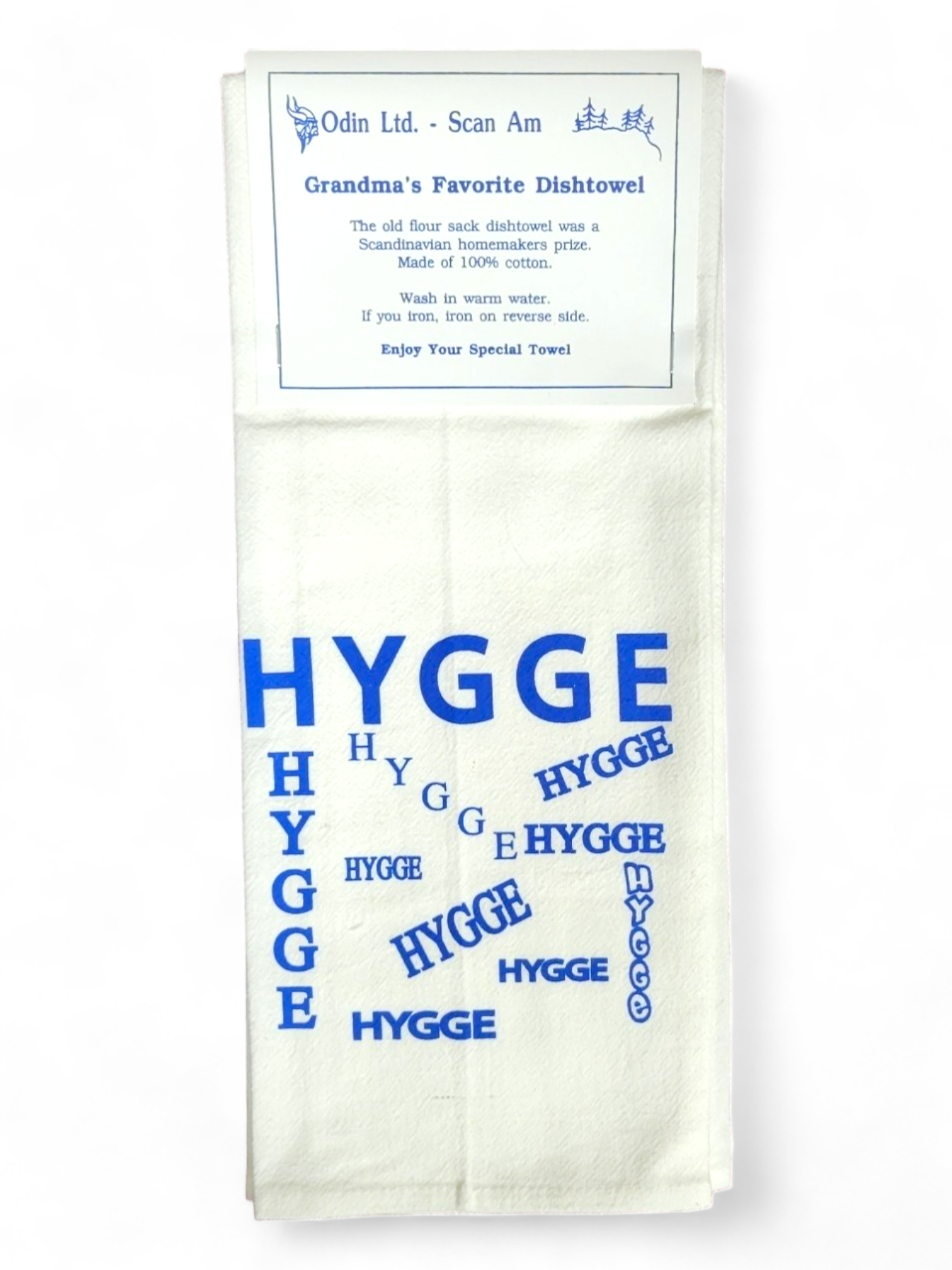 Introducing the "Hygge" Grandma's Favorite Dishtowel, a Scandinavian handmade white kitchen tea towel featuring the word "Hygge" in blue. Crafted from 100% cotton, it's available in multiple sizes. Care instructions: wash in warm water and iron while damp.