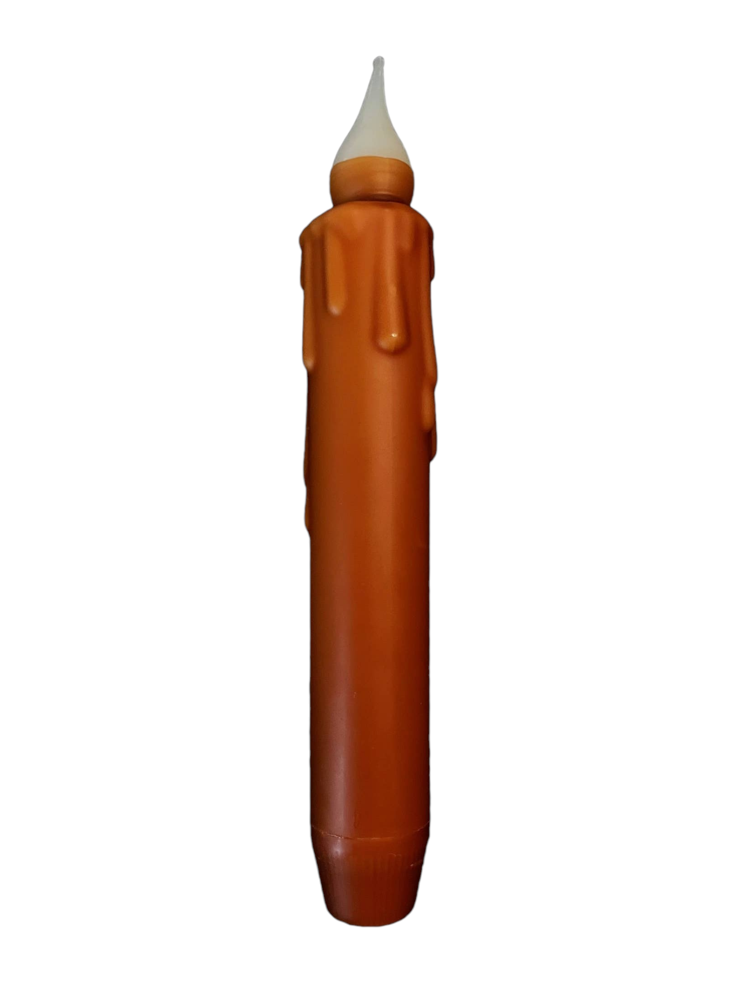 The brown marker resembles a 7 Hand-Dipped Beeswax LED Tapered Light with white tip, faux wax drips, and a battery-operated timer, adding farmhouse décor elegance.