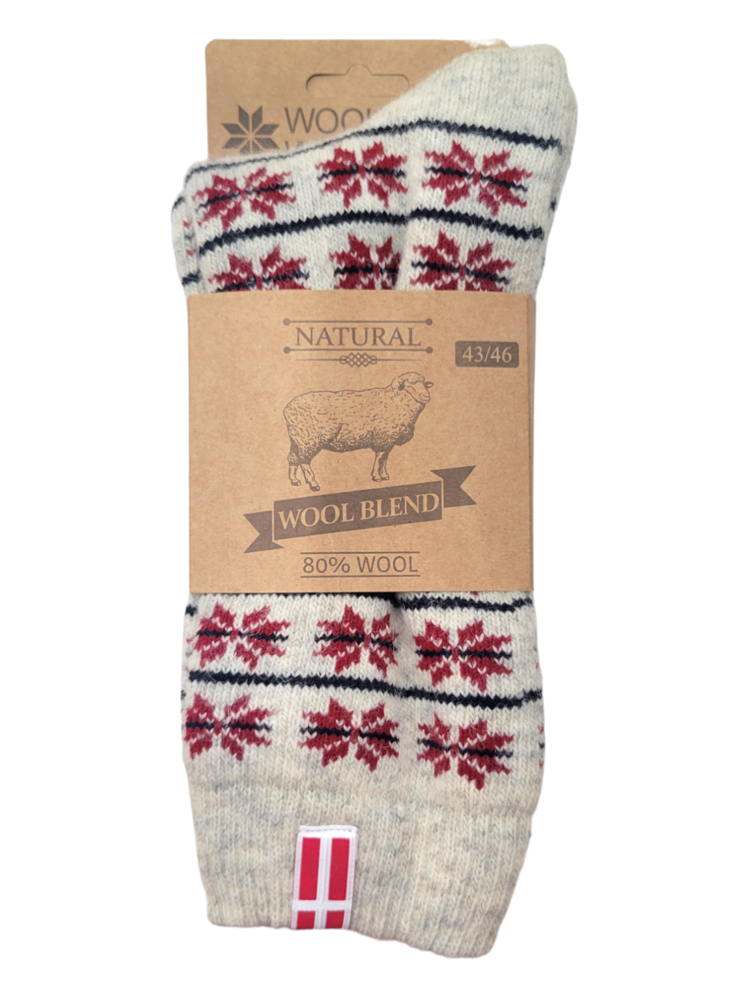 A pair of cozy wool blend socks called "Socks: Wool Wear - Denmark," featuring an Ash and Wine Danish Flag pattern, with a charming label showing a sheep and boasting 80% wool content, perfect for embracing natural warmth.