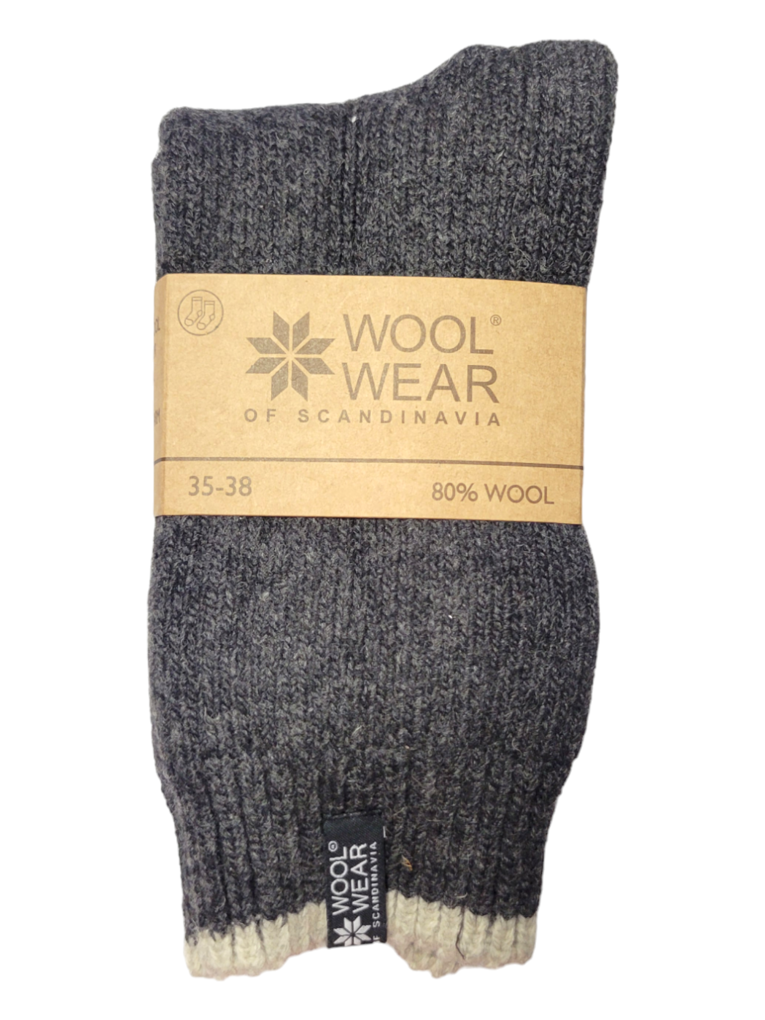The Wool Wear of Scandinavia socks, labeled on brown cardboard, are crafted from 80% wool and reinforced with polyamide for enhanced durability. These grey wool socks are the Eskimo style in Charcoal/White and available in size 35-38.