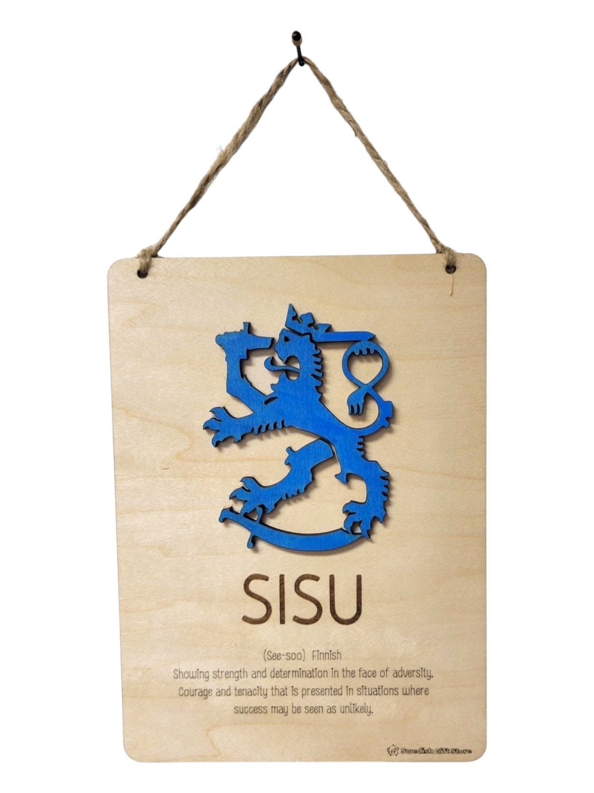 Sign: Sisu Wooden Wall Plaque – Finnish Definition of Strength & Grit (5¾" × 8") features a blue lion, the word SISU, and its definition—celebrating Finnish determination. Ideal motivational décor for home or office.