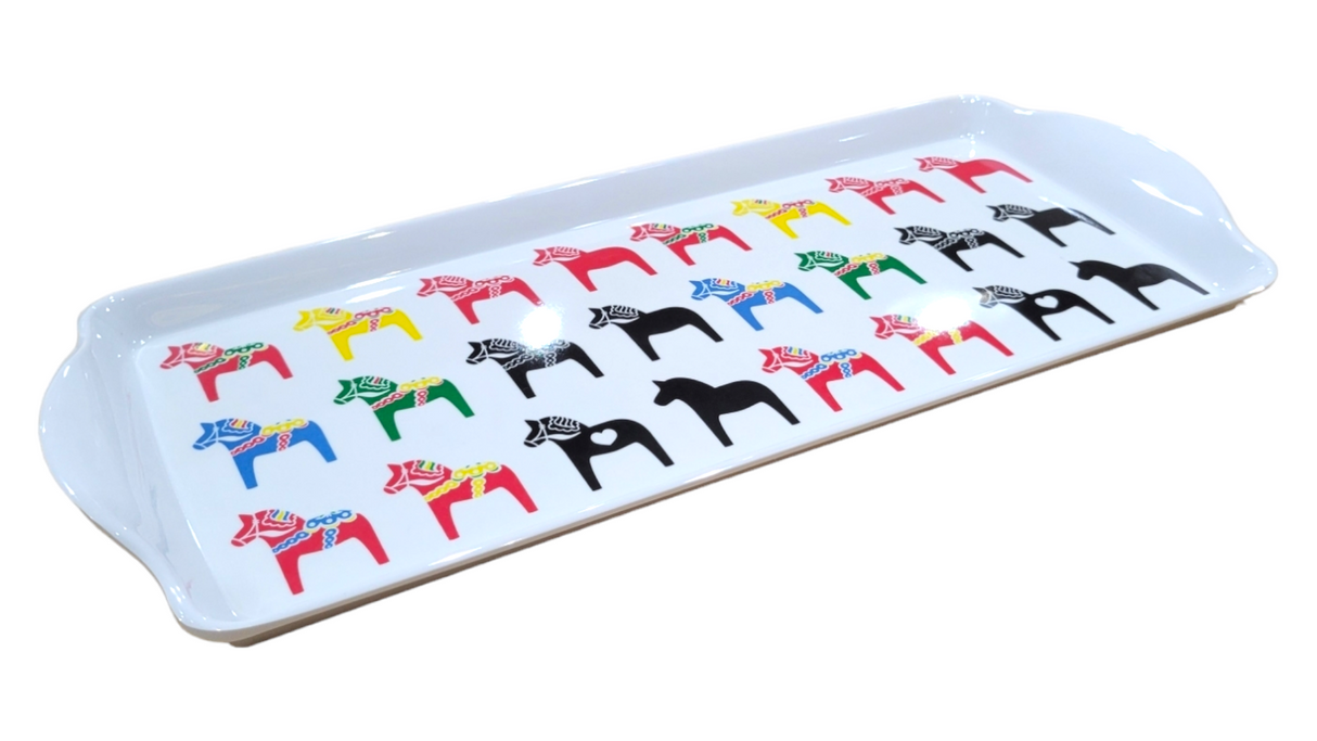 Durable melamine tray showcasing vibrant, stylized Swedish Dala Horses in rows on a white background, ideal for almond cakes or serving.