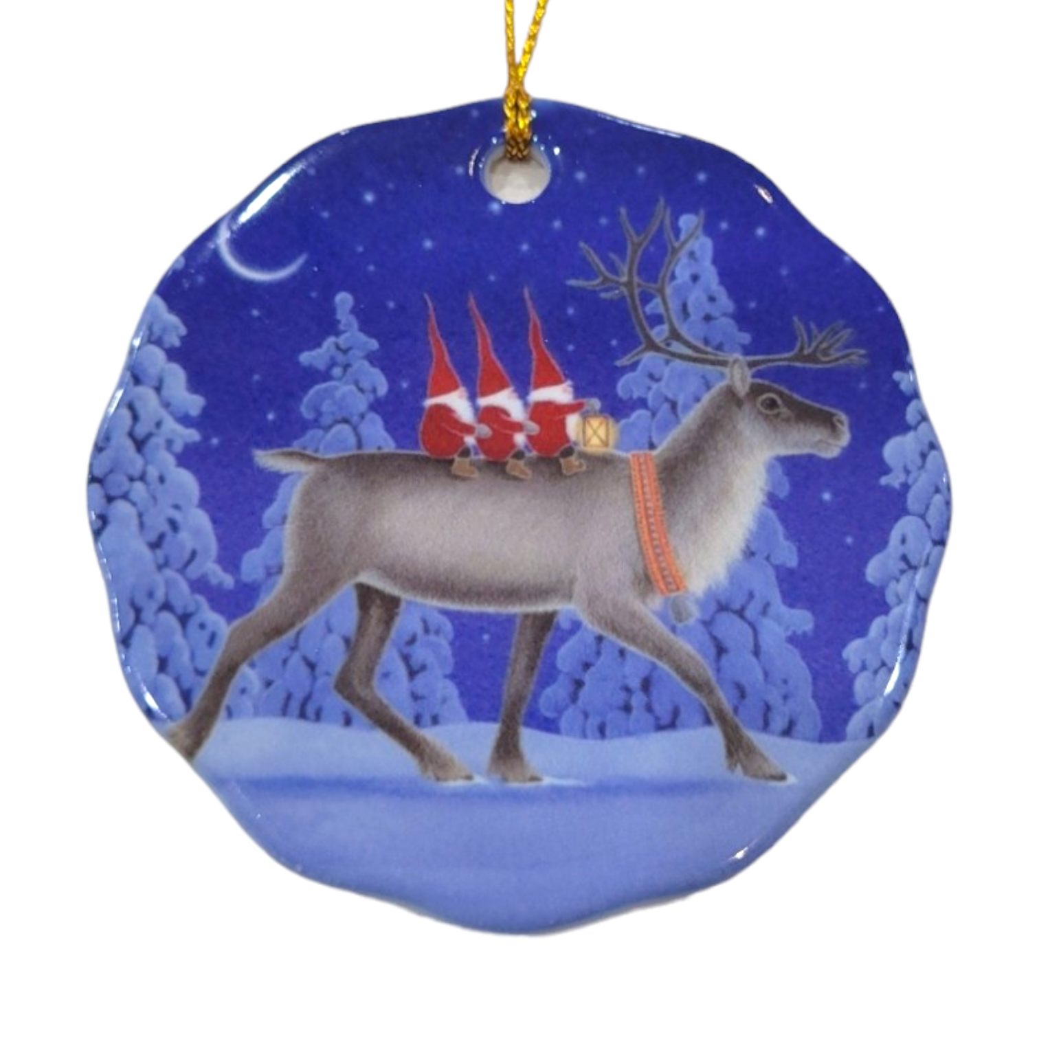 Ornament: Tomte Riding Reindeer Eva Melhuish Ceramic