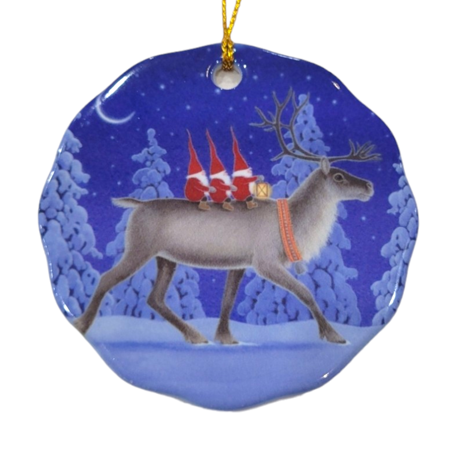 The Ornament: Tomte Riding Reindeer Eva Melhuish Ceramic features a porcelain design of a reindeer carrying three Tomte gnomes, set against a snowy night sky.