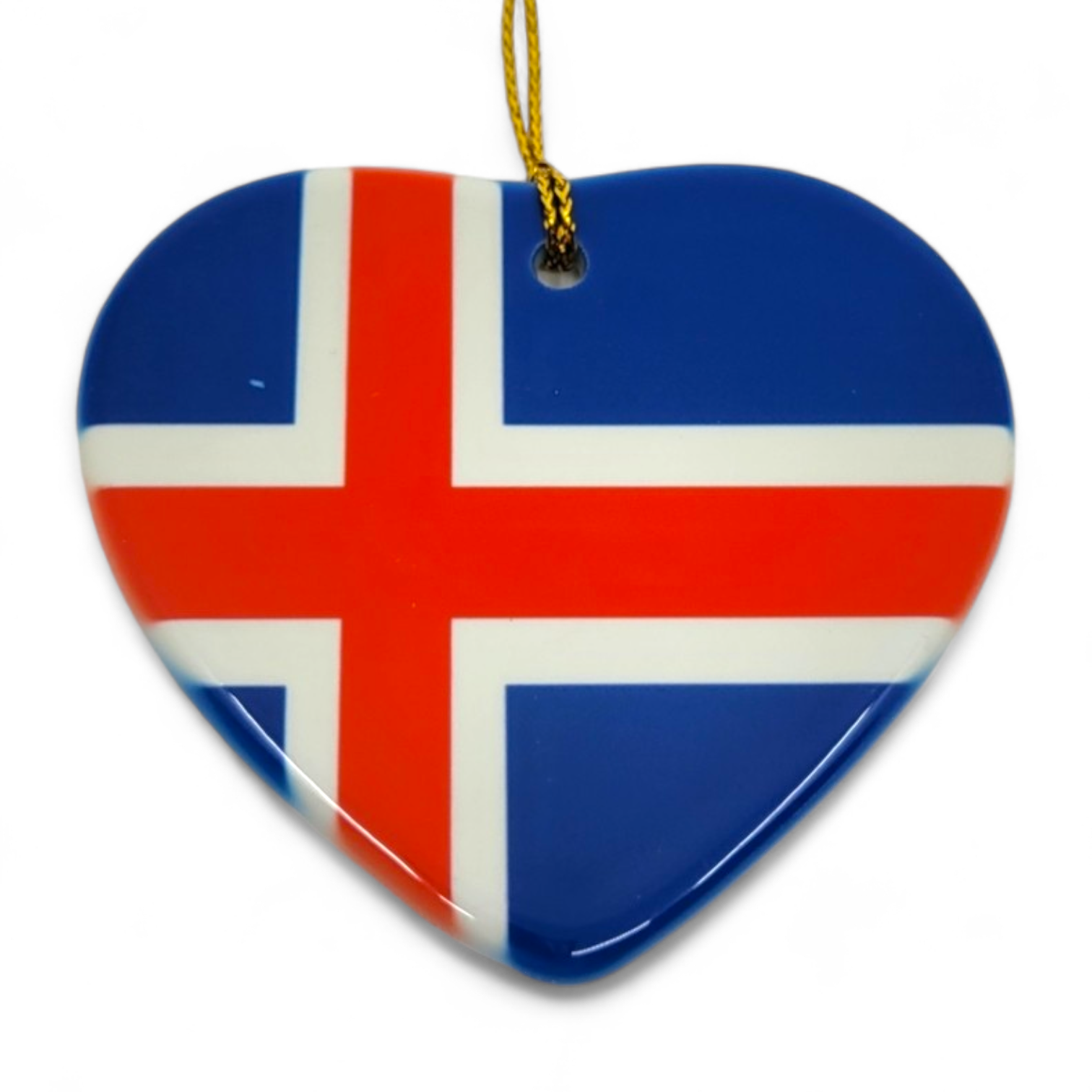 The 3" heart-shaped ornament featuring the Icelandic flag comes with a delicate golden string for hanging.