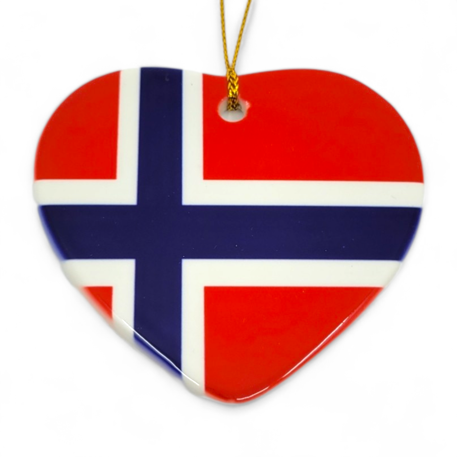 Ornament: Norwegian Hearth – a 3 heart-shaped ornament featuring the Norwegian flag, includes a gold string for hanging.