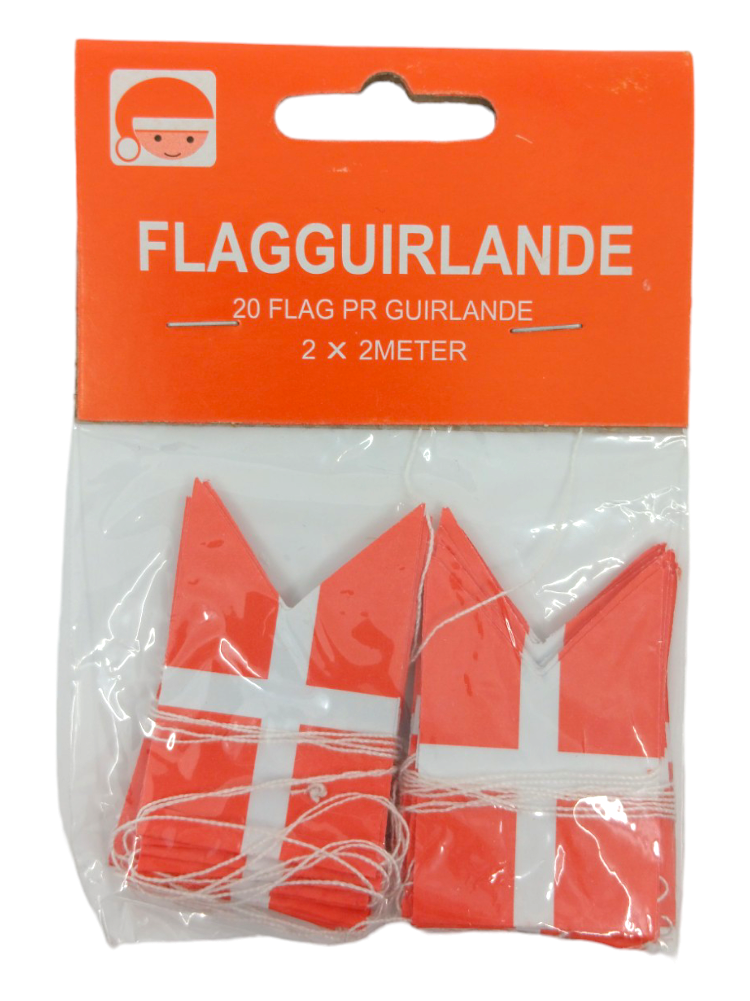 The package, labeled as "Ornament: Danish Flag Garland," contains 20 small Danish flags, each displaying a red design with a white cross. These flags are ideal for assembling a 2-meter garland and come in orange packaging marked as FLAGGUIRLANDE, enhancing the festive atmosphere of any occasion.