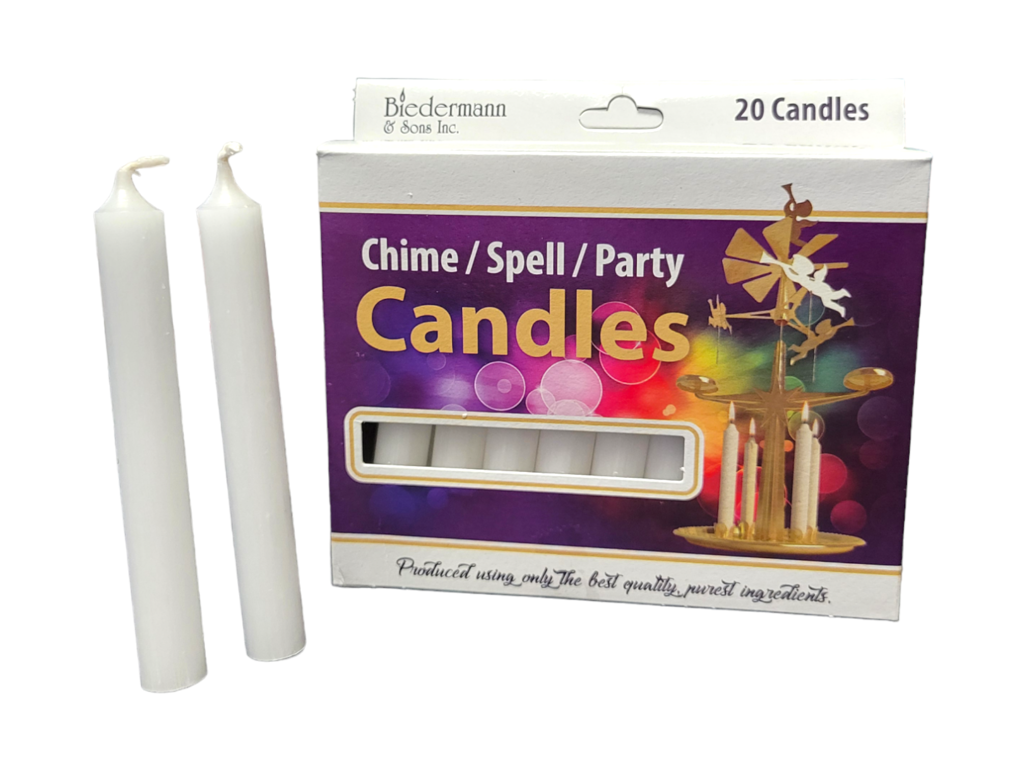 Box of 20 Candles: Chime Candles .5 with pure wax and cotton wicks, featuring two elegantly displayed outside.