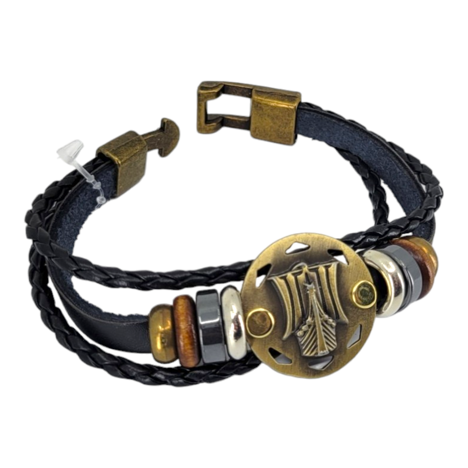 Bracelet: Viking Armband 3-Strand Braid with Viking Ship Charm (Hook Clasp)