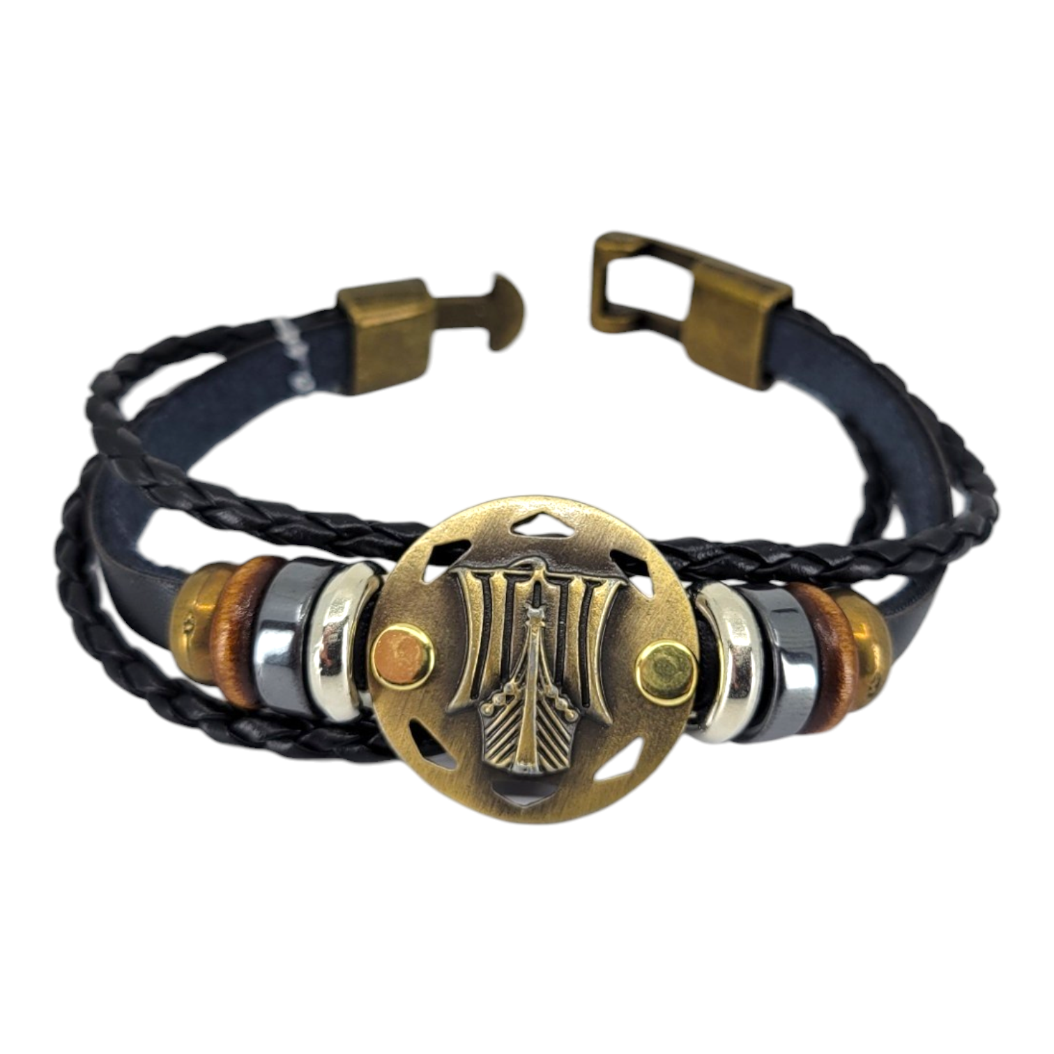 Bracelet: Viking Armband 3-Strand Braid with Viking Ship Charm (Hook Clasp)
