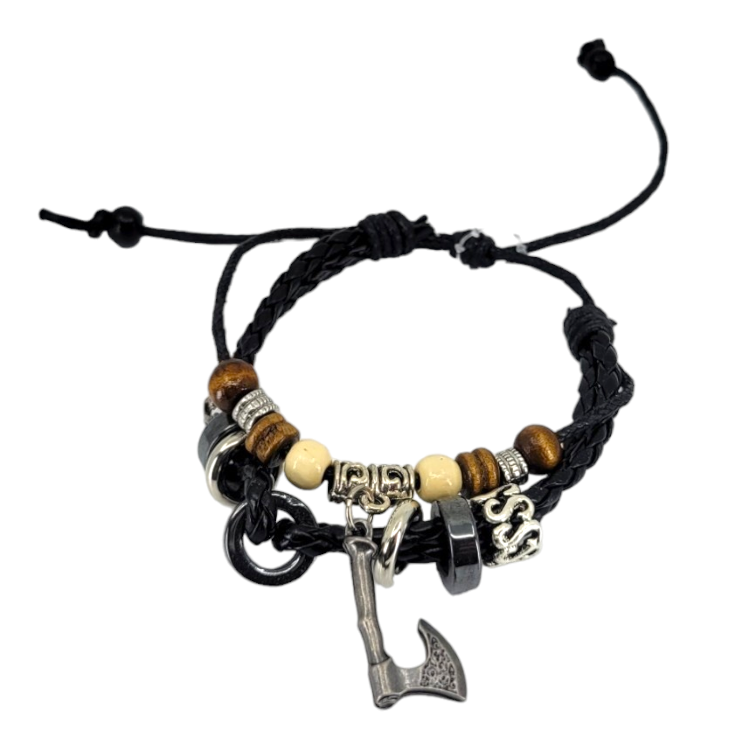 A Viking Armband bracelet with a 3-strand braid design, adorned with runic charms and a prominent silver axe charm, featuring an adjustable slip-knot clasp for a perfect fit on any wrist size.