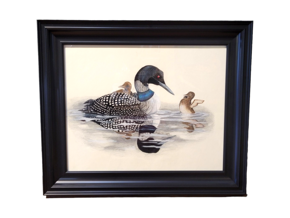 Original artwork titled "Loon - Born for the Water," a 25x21 framed piece, depicts a loon swimming gracefully with its reflection beautifully captured, crafted using expert colored pencil drawing techniques.