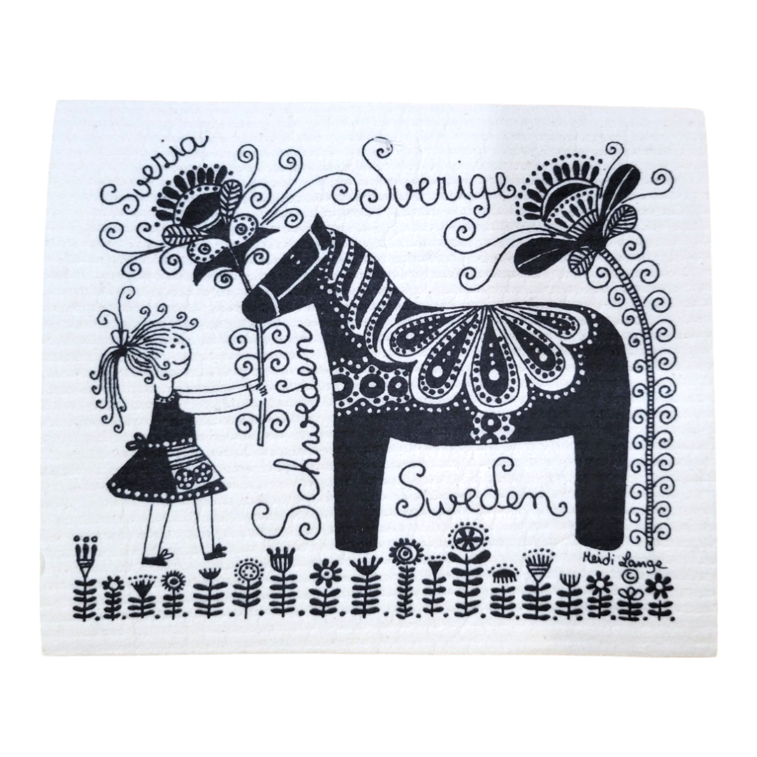 Black and white illustration of a girl with a Dala Horse and flowers, featuring Sverige and Sweden—a charming design by Heidi Lange on the Dish Cloth: Girl with Swedish Dala Horse & Flowers.