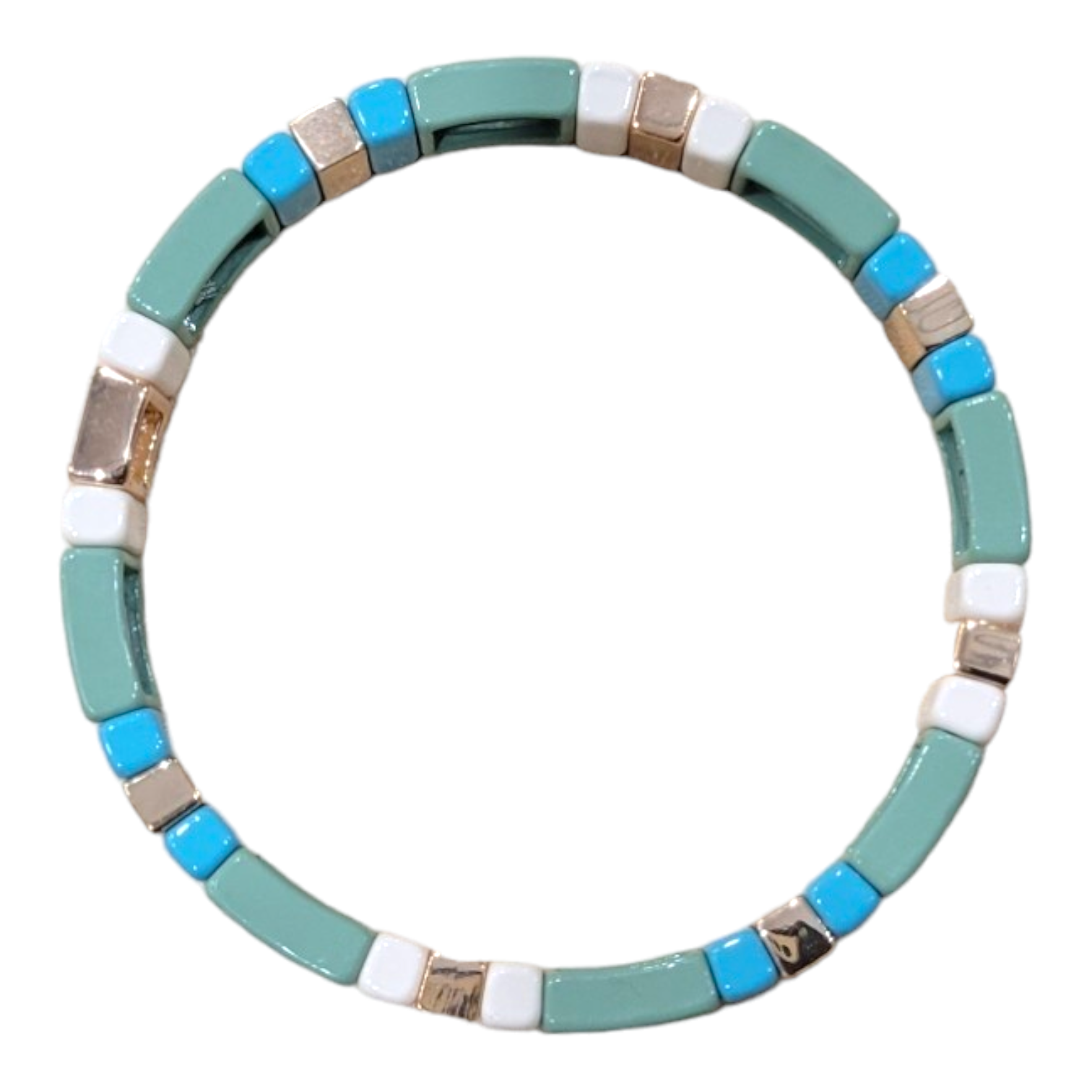 Explore our "Bracelet: Soft Mint, Enamel Tile," a sophisticated piece showcasing beaded elegance with an array of teal, blue, white, and metallic square beads. The metal beads are artfully arranged in a captivating circular pattern, making it a true statement of elegance.