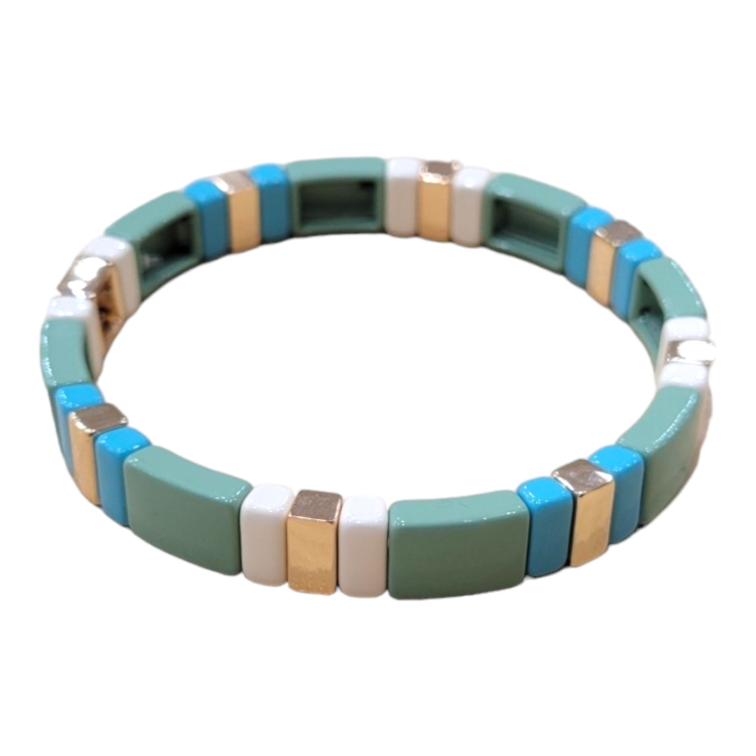 The "Soft Mint" enamel tile bracelet features a stunning combination of green, blue, white, and gold tiles arranged in a repeating pattern, highlighting the elegance of your favorite jewelry brand.