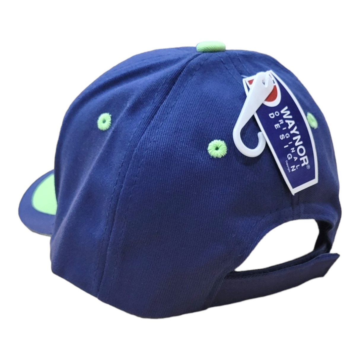 The Hat: Baseball Cap Child is a blue Norwegian cap with green accents, an adjustable back strap, and a Waynor Design tag—ideal for kids’ outfits and inspired by playful Viking cartoons.