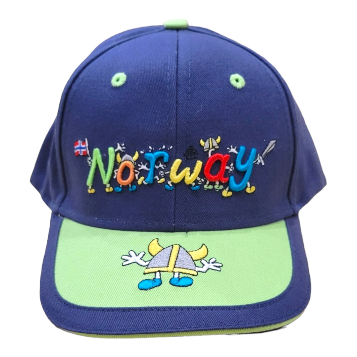 The Hat: Baseball Cap Child features blue and green colors, "Norway" embroidered in colorful letters with Viking cartoons on the front, plus a Viking helmet and feet on the visor—ideal for fun children's outfits.