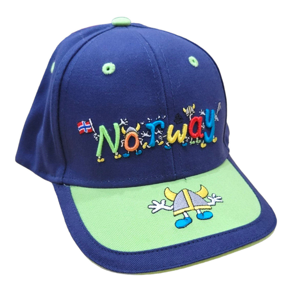 The Hat: Baseball Cap Child features blue and green colors, "Norway" with a small flag embroidered on the front, and a Viking cartoon lower body and shoes on the brim—perfect for adding playful Norwegian style to kids' outfits.