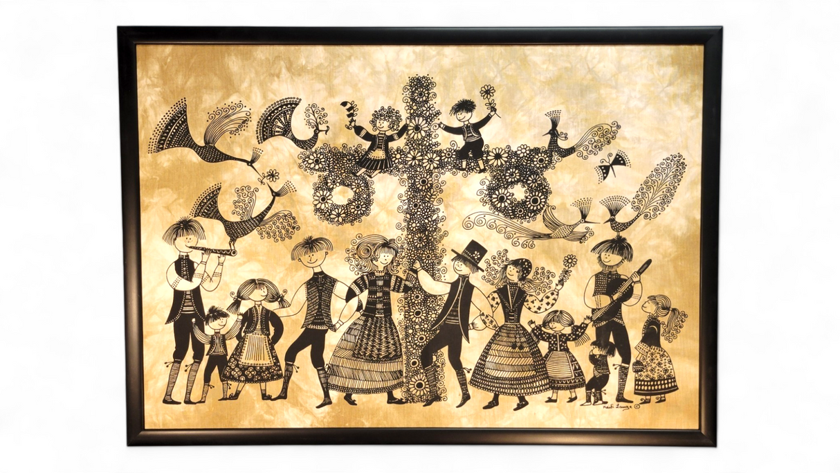 Framed silk screen print titled "Maypole" (40"x29") by Swedish artist Heidi Lange, depicting people in traditional dress dancing and playing instruments around a tree, in black and gold tones.