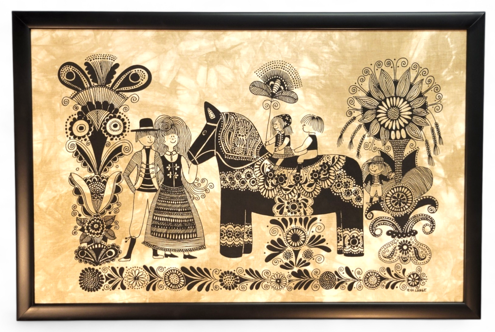 Dala Horse & Family" (27.5"x19") by Swedish artist Heidi Lange features a child and adult in traditional dress riding a patterned Dala horse, surrounded by stylized black floral designs on beige. Framed silkscreen artwork.