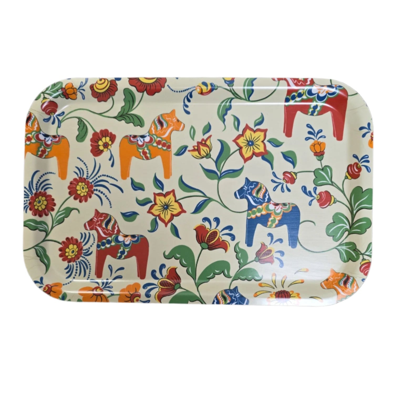 A cream-colored laminated birch tray showcases orange, red, and blue Swedish Dala Horses with a floral design on a black background.