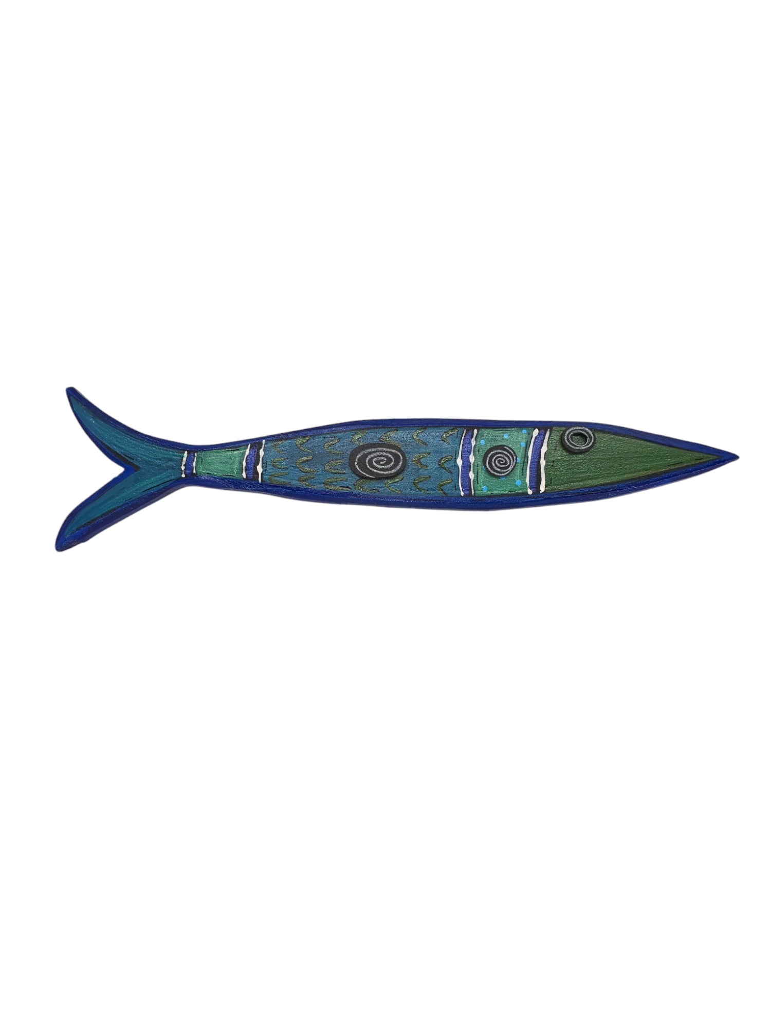 The Skinny Fish E Drumm Design illustration features a stylized, hand-painted fish with blue and green circular patterns and a streamlined body. Set against a plain white background, it creates a striking decorative wall piece.