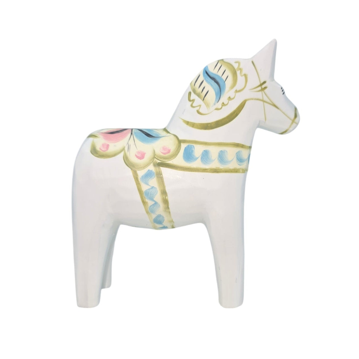 Exquisitely hand-carved and painted, the white ceramic Dala Horse features blue and pink patterns on its body and mane, capturing the charm of a Swedish Dala Horse. Known as Dala Horse: Pastel on White Swedish Dala Horse with Kurbits, it stands elegantly against a plain background.