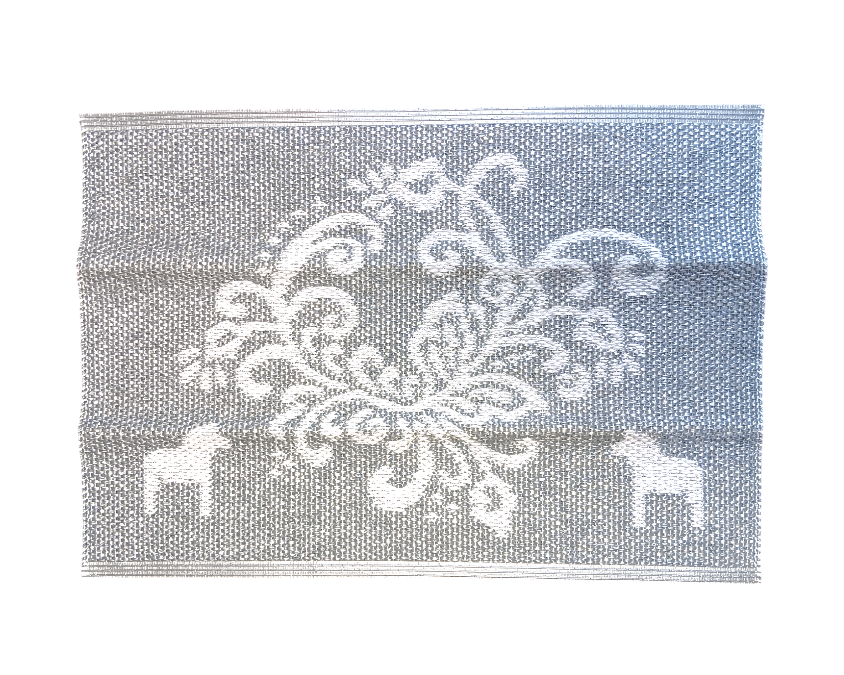 The Swedish Dala Horse Rug with Kurbits Silver & White features a gray woven textile, a central white ornate floral design, and two stylized horses, embodying the charm of traditional Swedish Kurbits artistry.