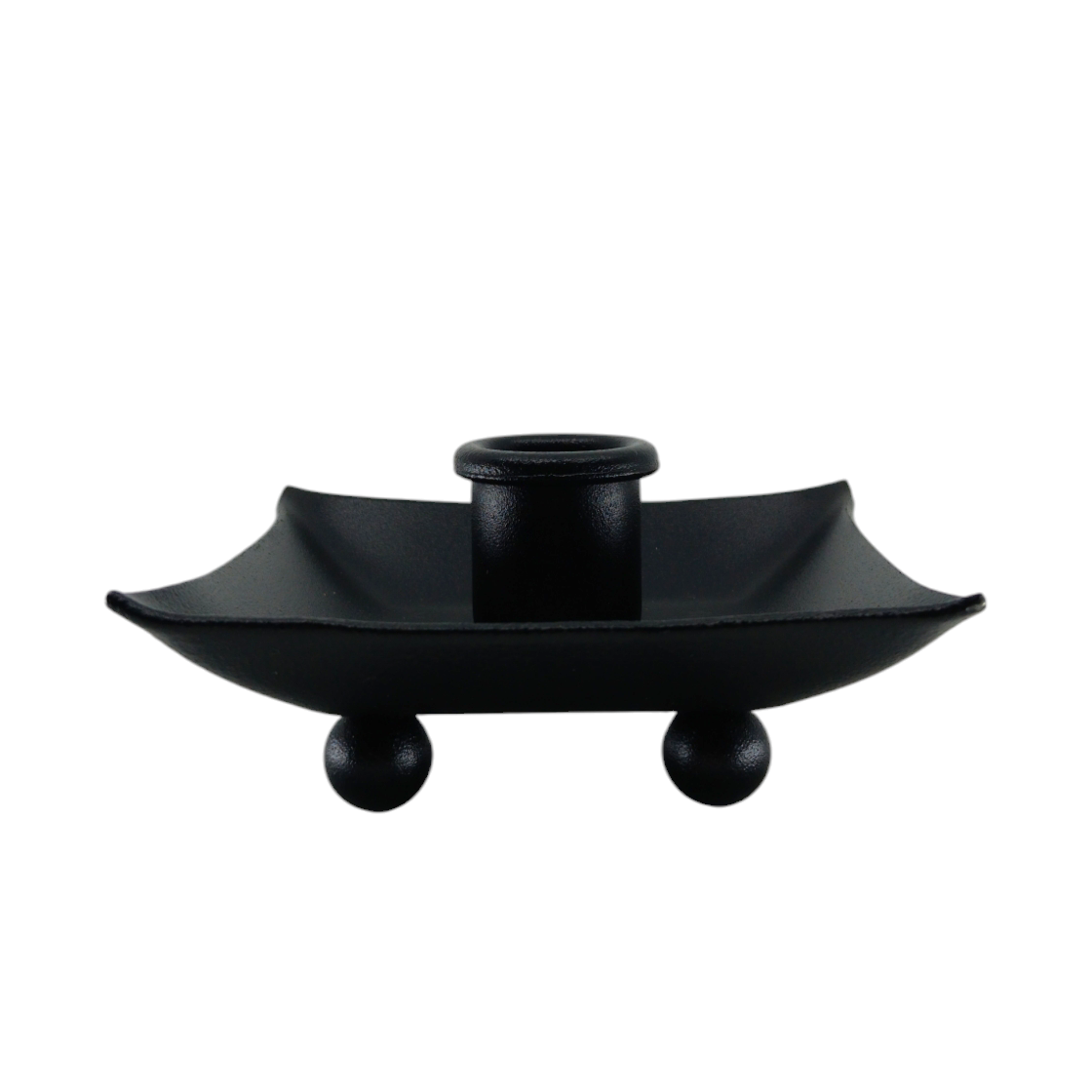 The Candle Holder: Black Iron Pillar Candle Holder 4" Square features a central cylindrical socket on a square tray with raised edges and four spherical feet. Expertly crafted in Sweden, it adds modern elegance to any setting.