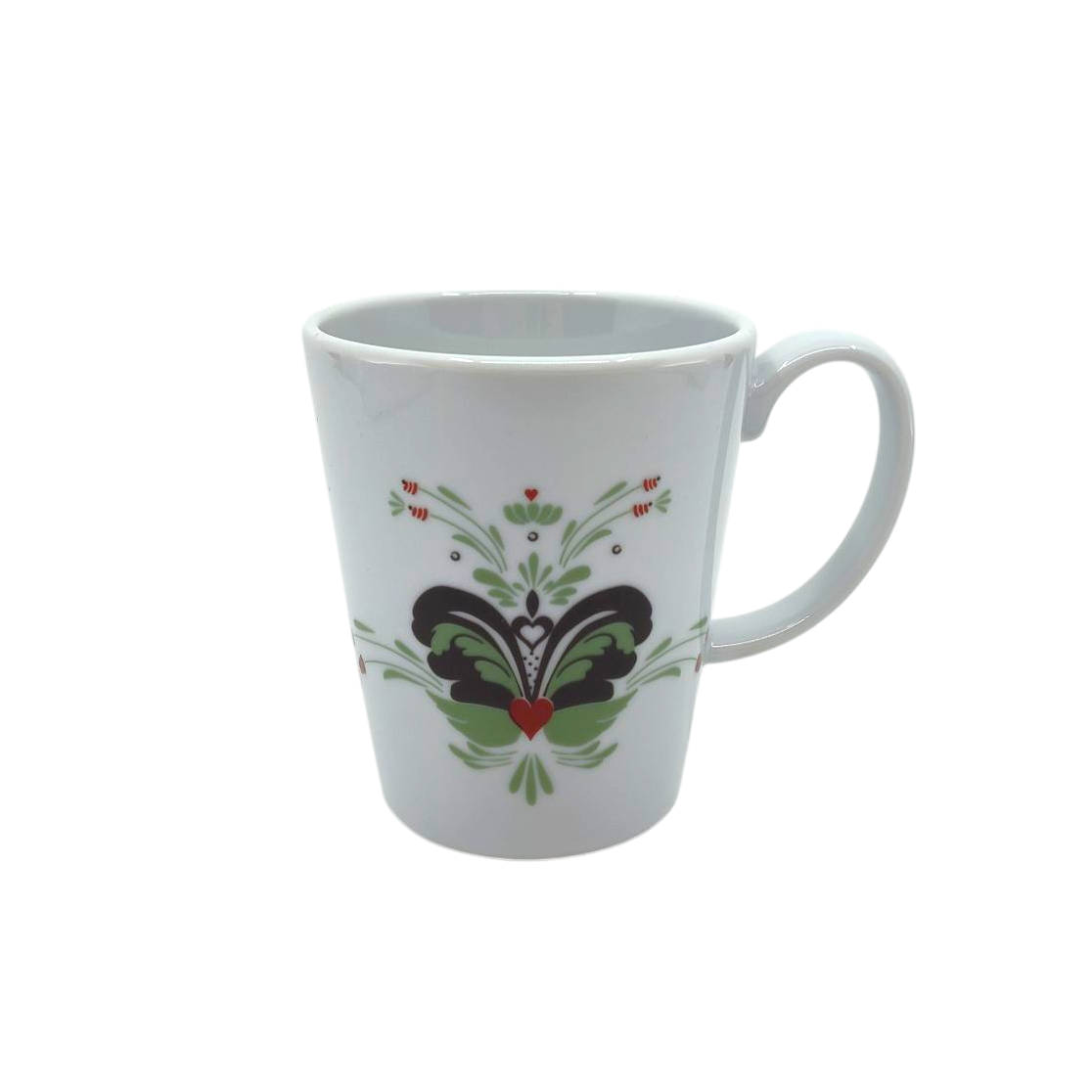 The Coffee Mug: Anna Viktoria Porcelain Mug features a light green, grey, and red kurbits folk-style pattern—bringing Scandinavian charm with heart and floral accents to your table.