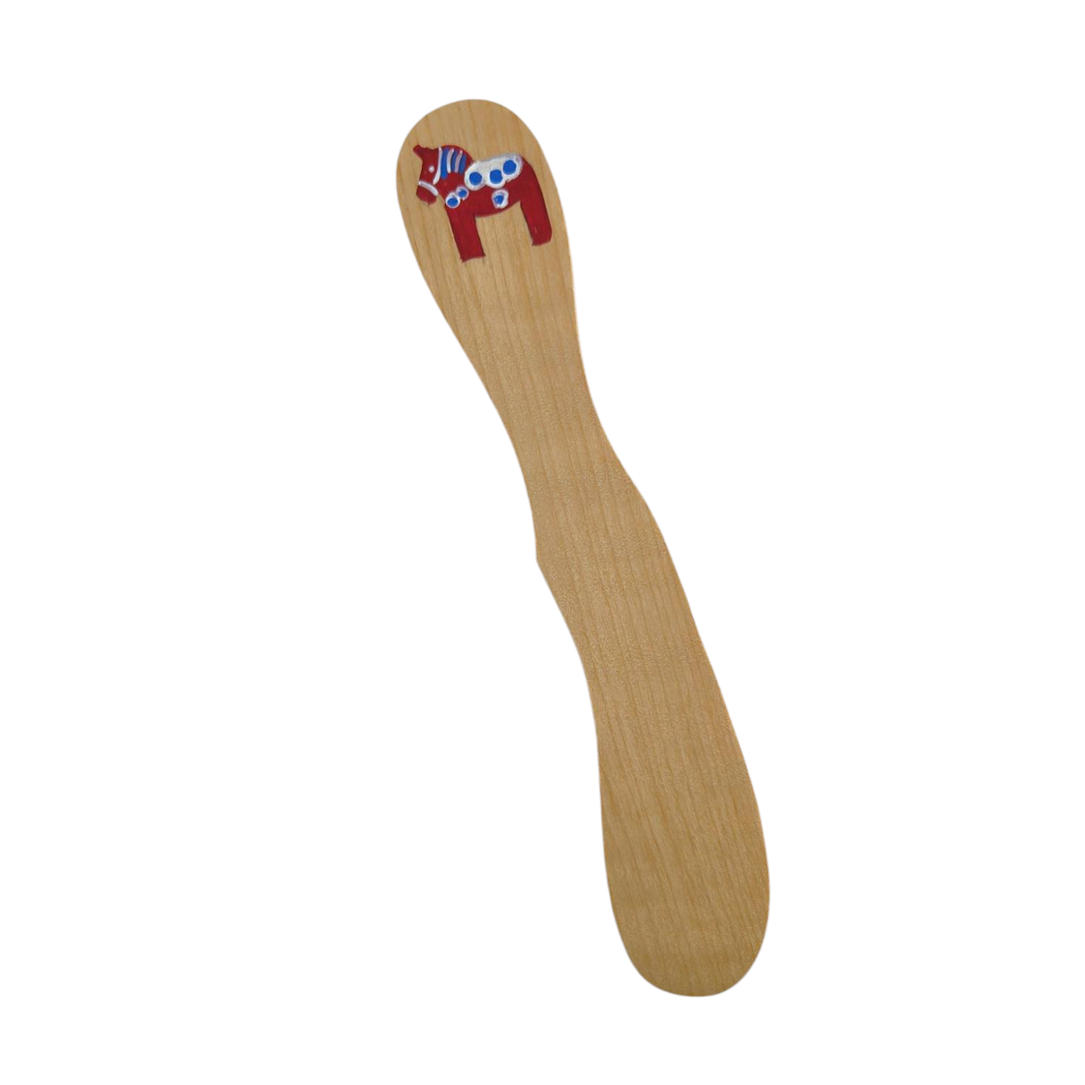 Hand-painted Swedish wood butter spreader featuring Dala horse and Swedish flag designs, shown on a white background.