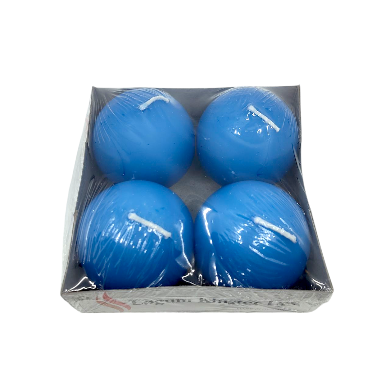 A 4-pack of Logum Kloster Lys 2.5 round blue ball candles, wrapped in clear plastic and set in a square cardboard tray—ideal for creating a cozy HYGGE vibe.