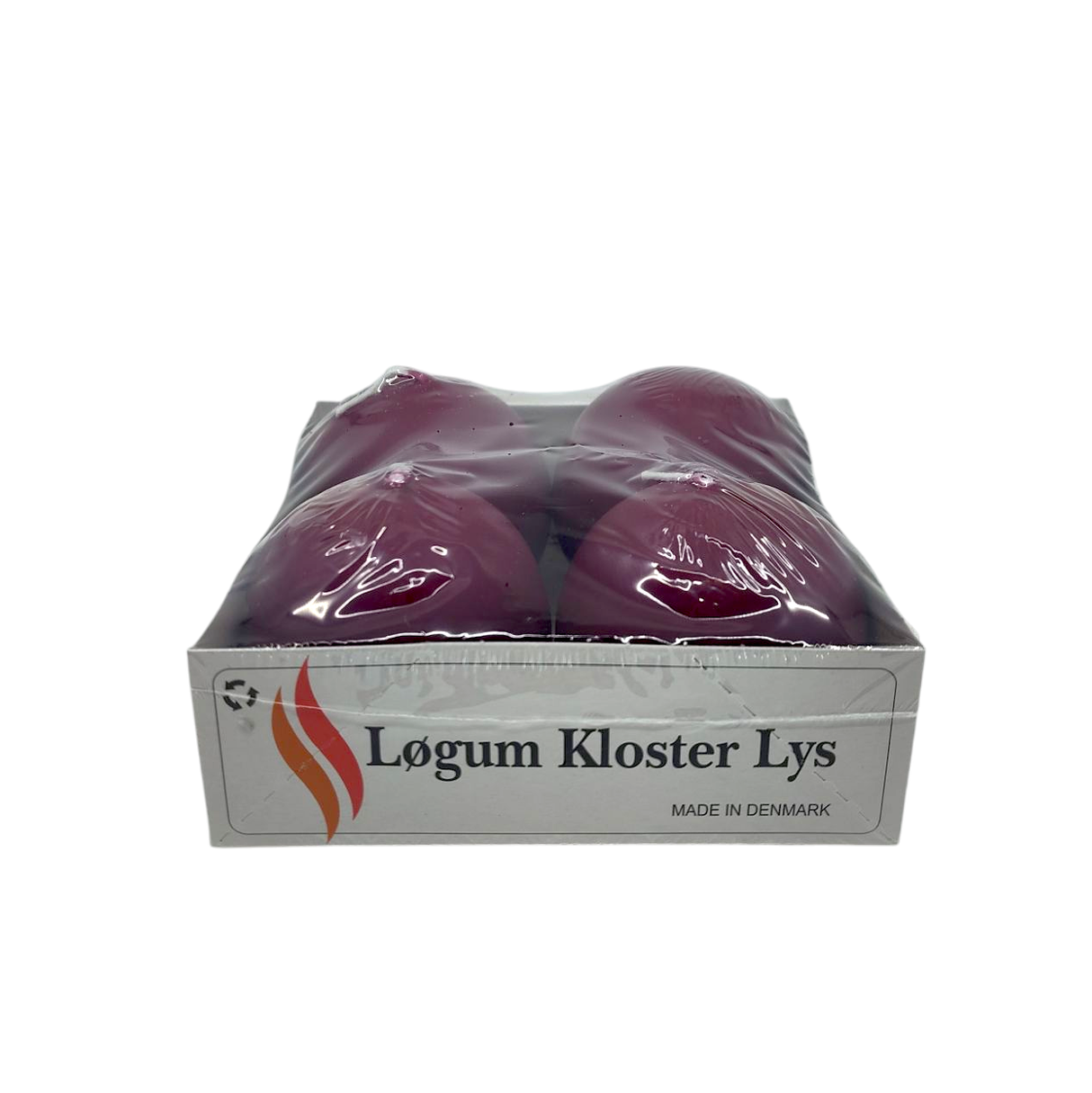 A 4-pack of round purple Logum Kloster Lys 2.5 Ball Candles in a clear tray, made in Denmark—ideal for creating HYGGE at home or using as elegant Advent candles.