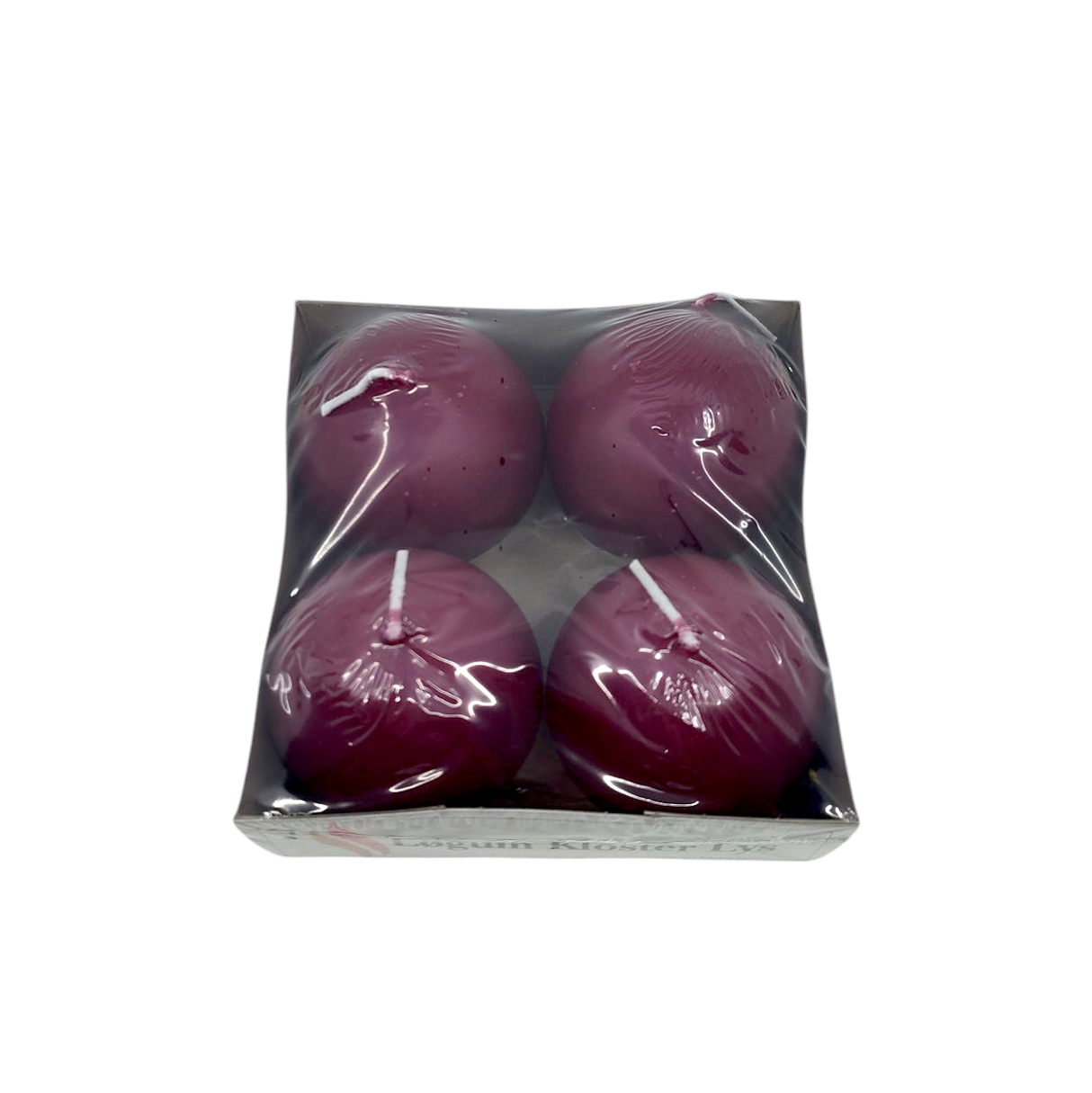 The Logum Kloster Lys 2.5 Ball Candles (4 Pack) features four round purple candles in a clear plastic container, ideal as Advent Candles to bring cozy HYGGE warmth to your home.