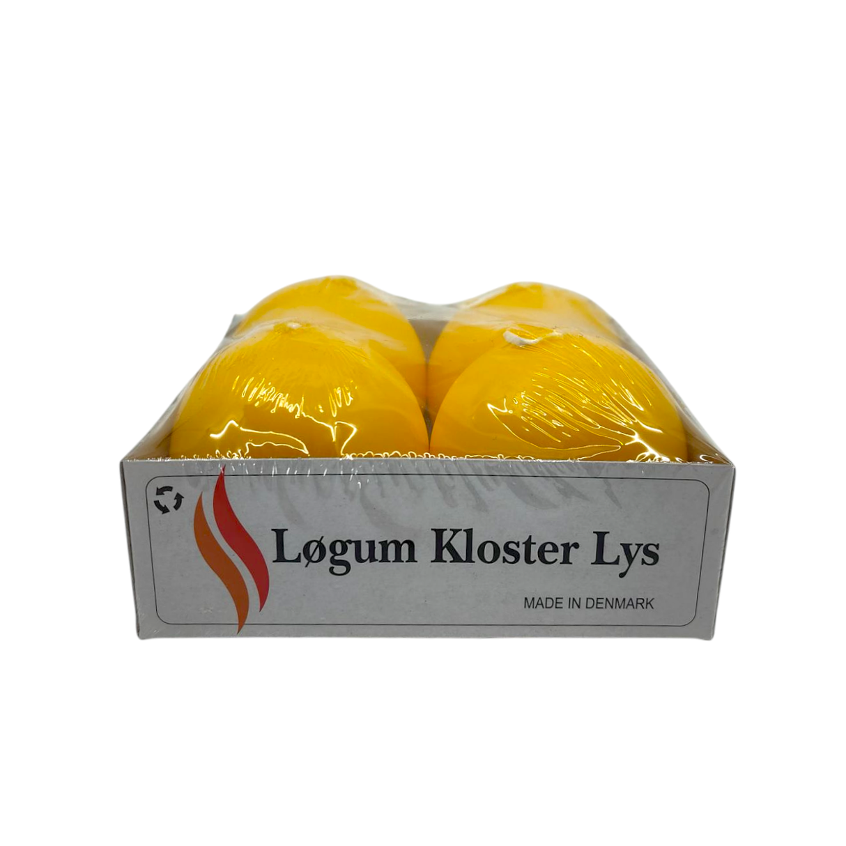 A box labeled “Candles: Logum Kloster Lys 2.5 Ball Candles (4 Pack)” holds four yellow ball candles wrapped in plastic, ideal for creating hygge or as Advent candles.