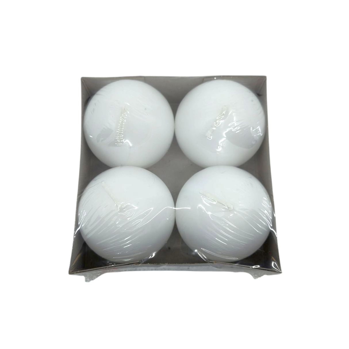 The Candles: Logum Kloster Lys 2.5 Ball Candles (4 Pack) includes four round white candles in a cardboard tray, wrapped in clear plastic—ideal for a cozy HYGGE vibe or as stylish Advent candles.