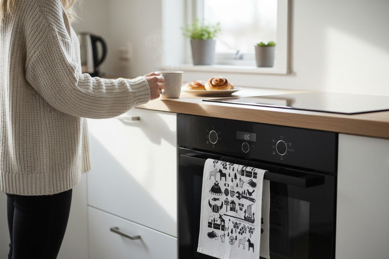 A person in a sweater holds a mug by a kitchen counter with two pastries; in the foreground is an oven adorned with the "Made in Sweden" White & Black Terry Hand Towel (12" x 21") featuring Scandinavian design.