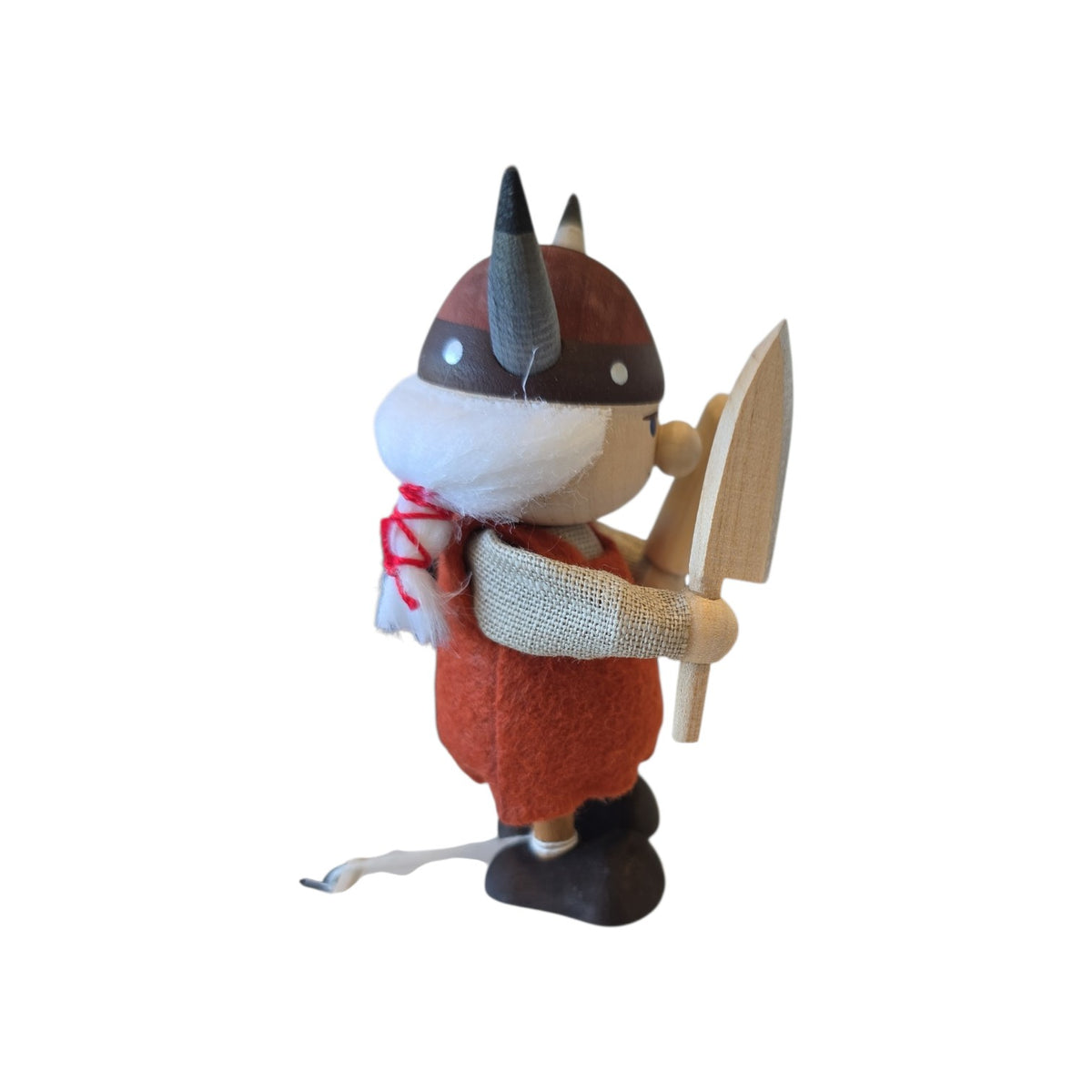 Viking gnome figurine wearing a horned helmet and holding a wooden shield.