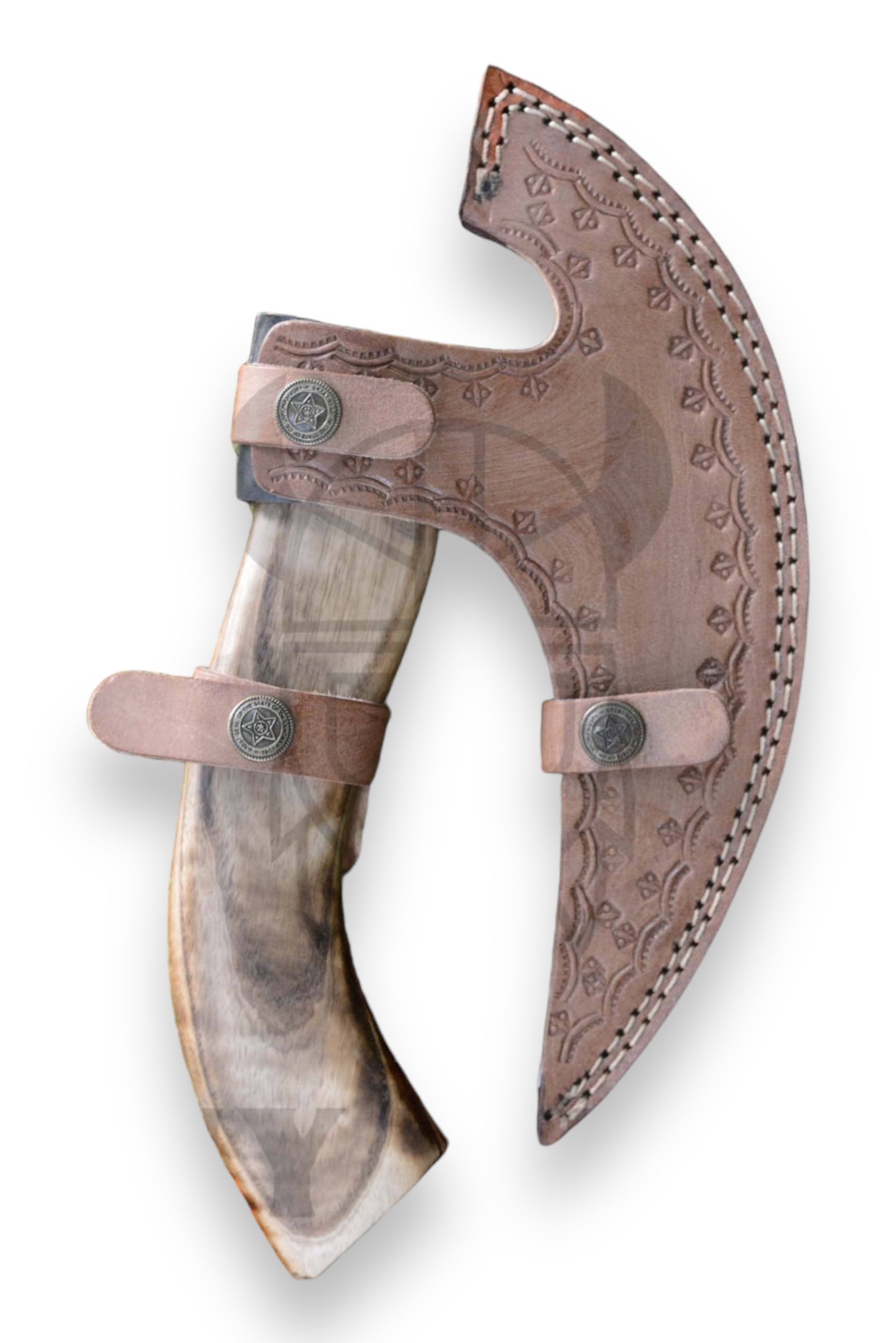 The Pizza Cutter: Axe & Leather Axe Sheath features a curved stainless steel blade and a polished wooden handle, encased in a decorative stitched leather sheath.