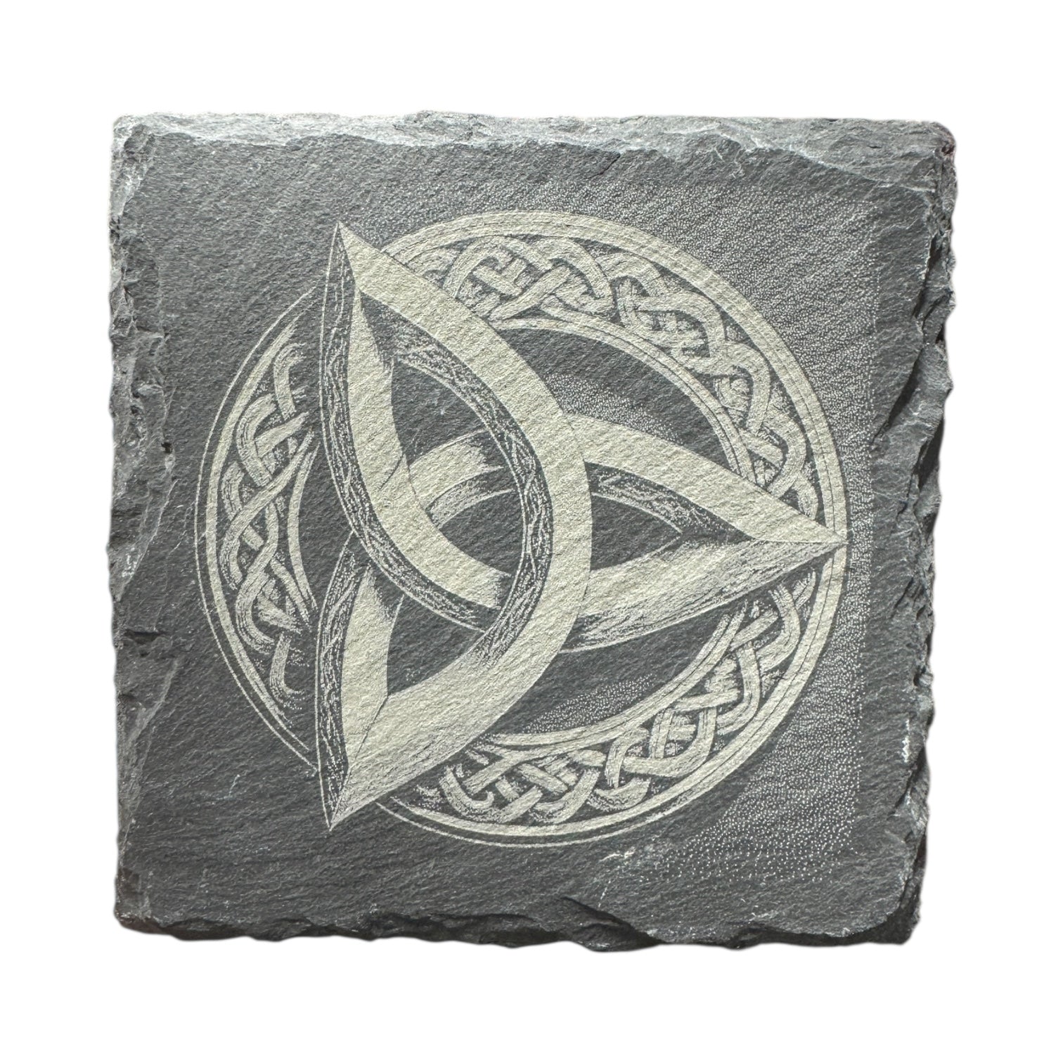 The Coaster: Triquetra - Celtic Viking Symbol Slate Coaster features a carved Celtic knot and central triquetra, blending classic Celtic motifs with Nordic style for a timeless accent.